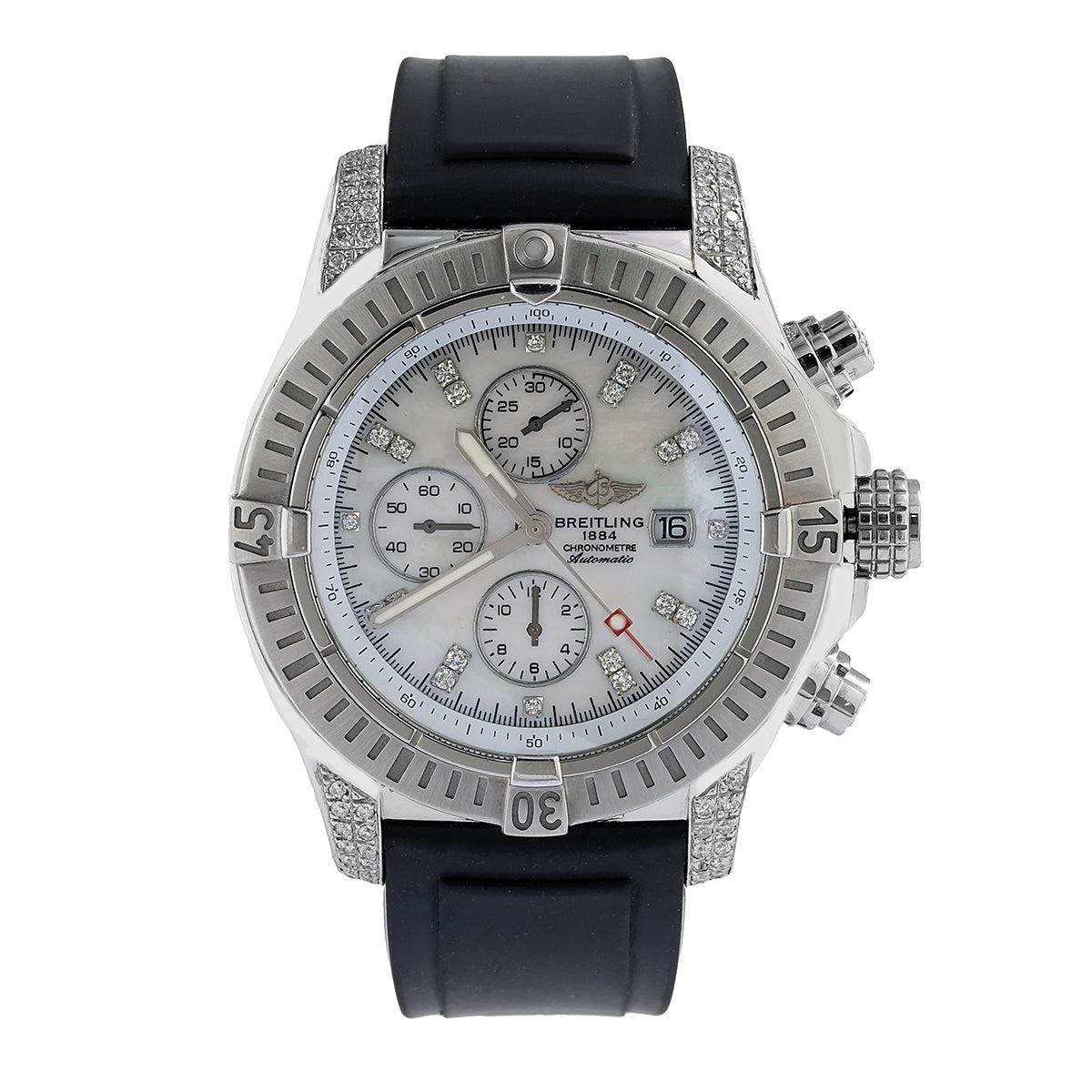 Breitling Super Avenger 48MM A13370 Mother of Pearl Diamond Dial Black Rubber Strap 4ct