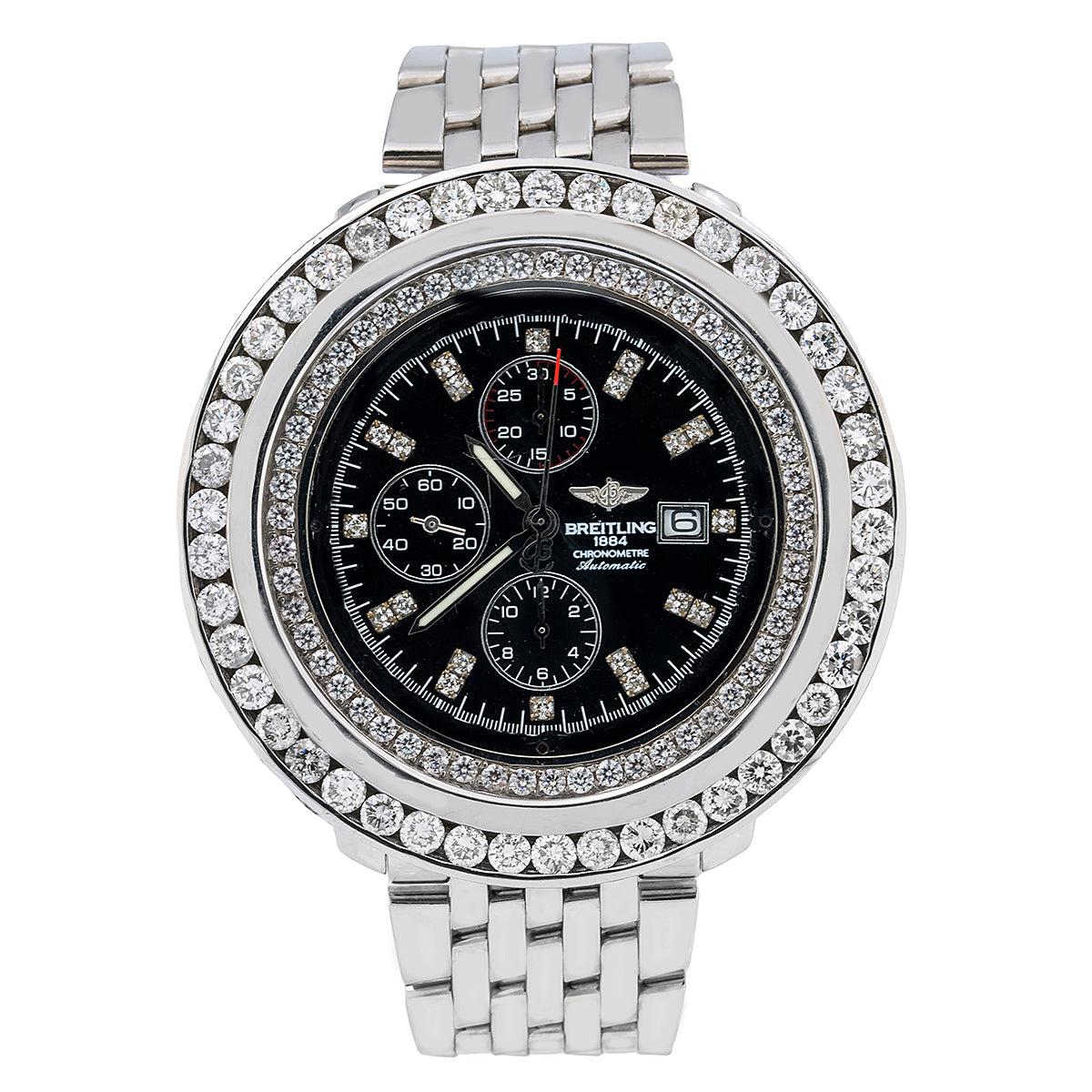 Breitling Navitimer World 46MM A24322 Black Diamond Dial Diamond Bezel Stainless Steel Bracelet 10.8ct