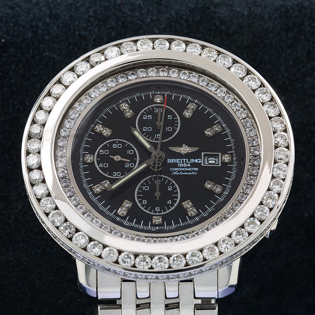 Breitling Navitimer World 46MM A24322 Black Diamond Dial Diamond Bezel Stainless Steel Bracelet 10.8ct