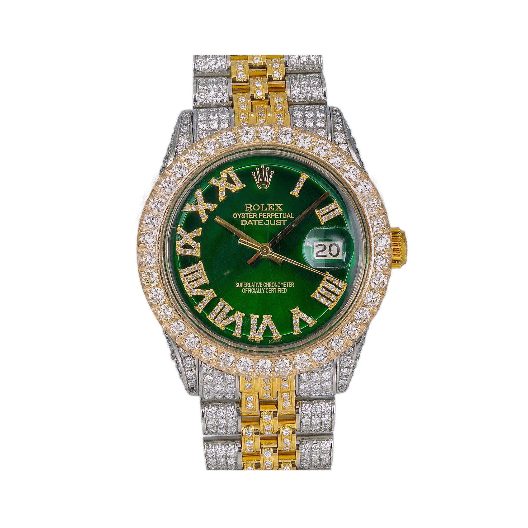 Rolex Datejust 36MM 1601 Green Roman Dial Diamond Bezel Two Tone Full Diamond Jubilee Bracelet 8.25ct