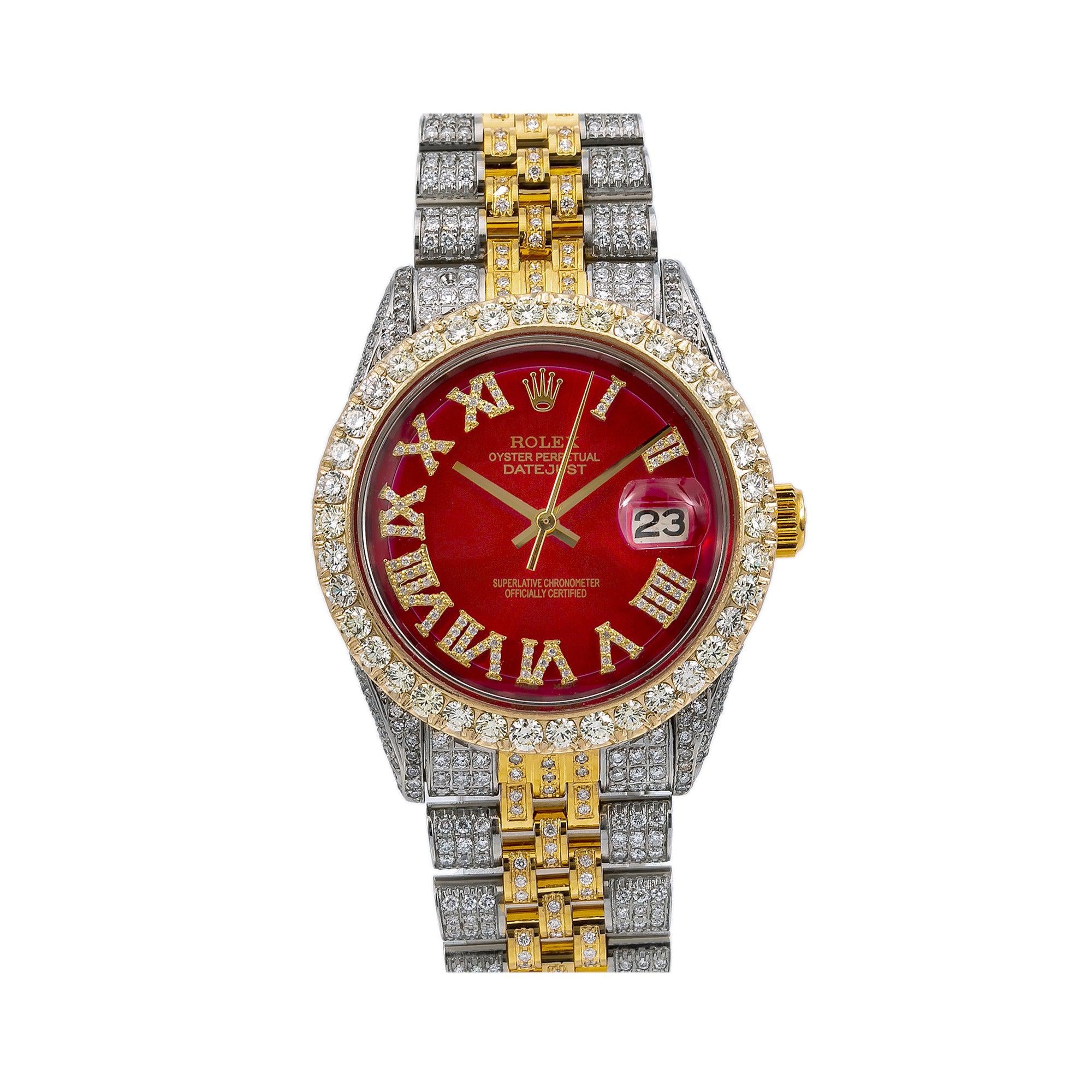 Rolex Datejust 36MM 1601 Red Roman Dial Diamond Bezel Two Tone Full Diamond Jubilee Bracelet 8.25ct