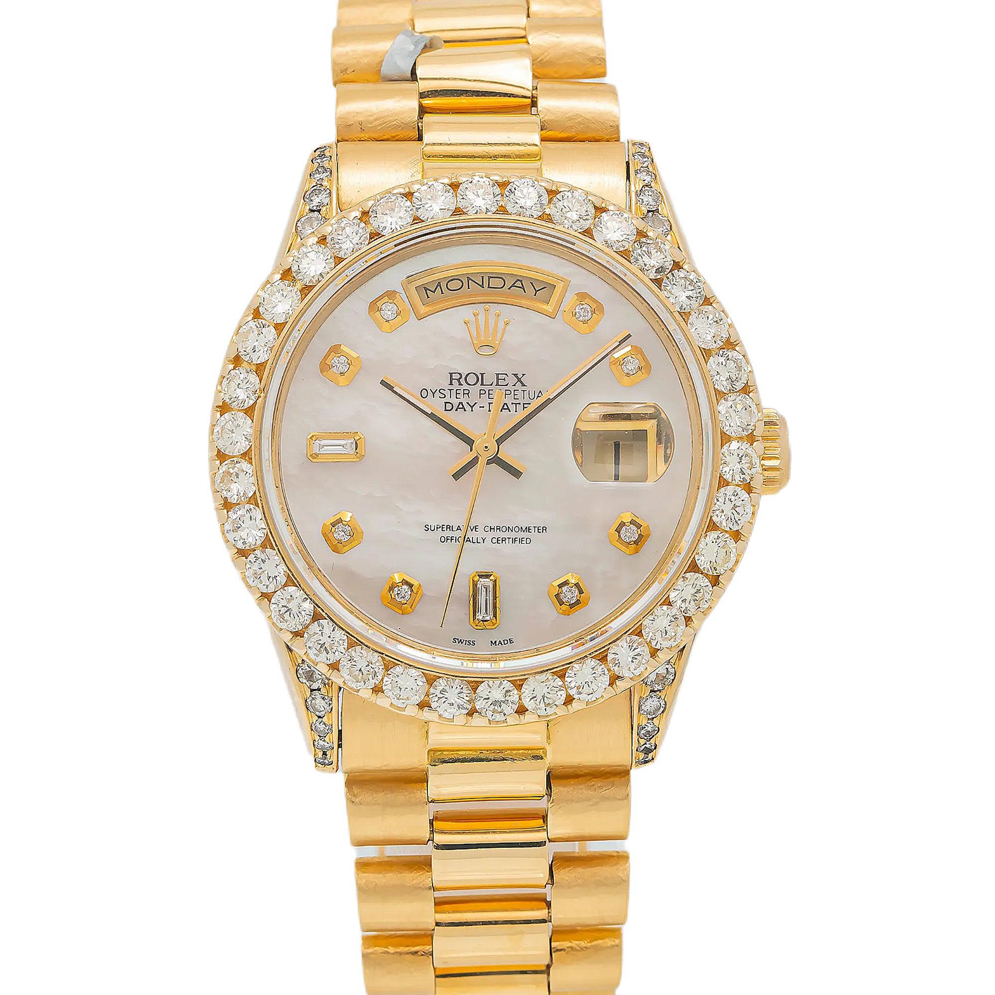 Rolex Day-Date 36MM 18238 Mother of Pearl Diamond Dial Diamond Bezel 18K Yellow Gold President Bracelet