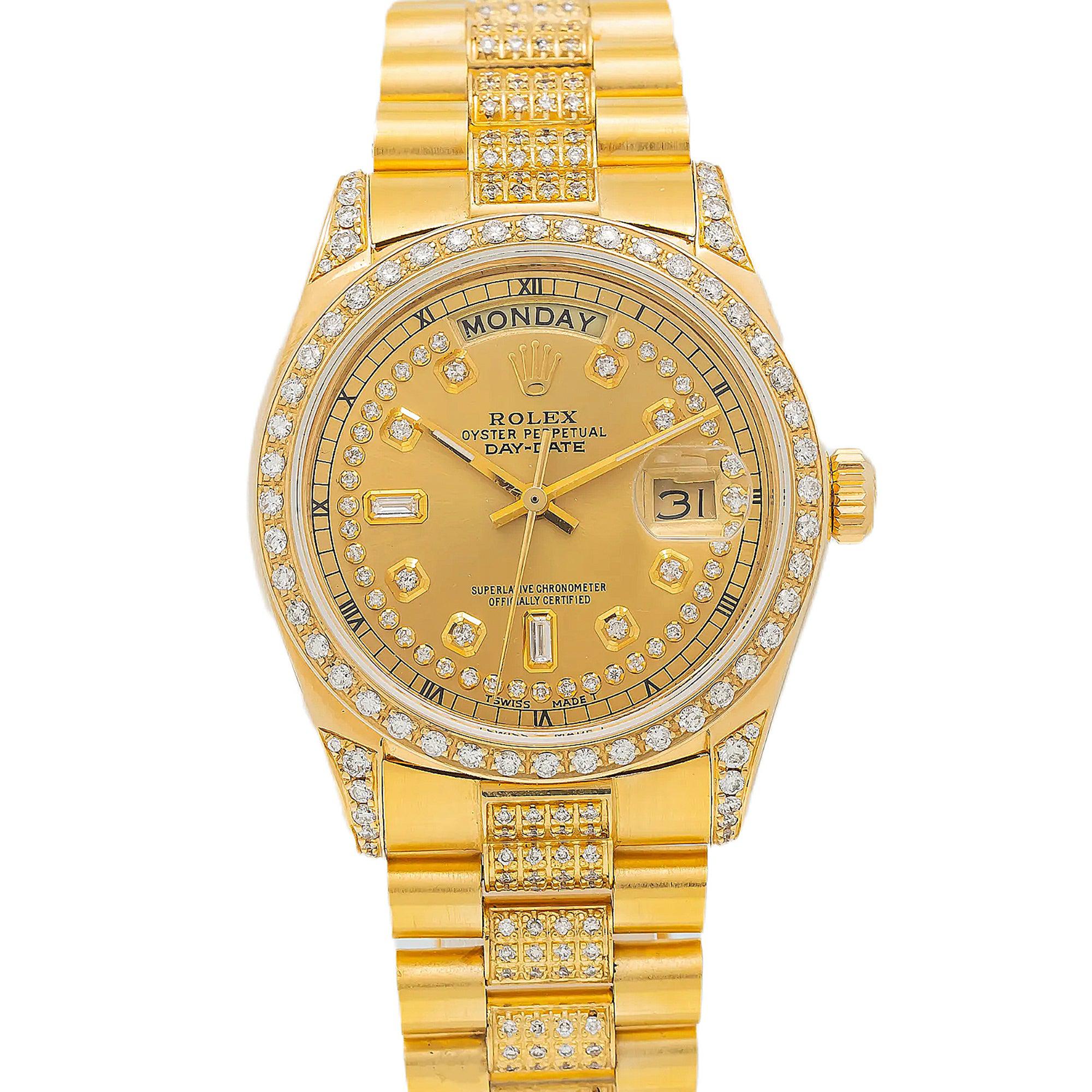 Rolex Day-Date 36MM 18038 Champagne Diamond Dial Diamond Bezel 18K Yellow Gold President Bracelet