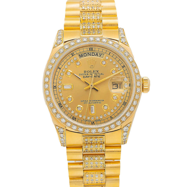 Rolex Day-Date 18038 36MM Champagne Diamond Dial With Yellow Gold Diamond Bezel