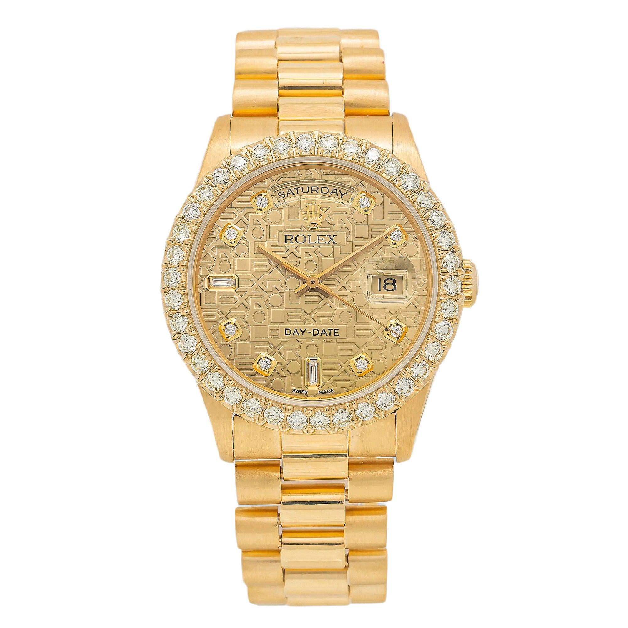 Rolex Day-Date 36MM 18238 Champagne Pattern Diamond Dial Diamond Bezel 18K Yellow Gold President Bracelet