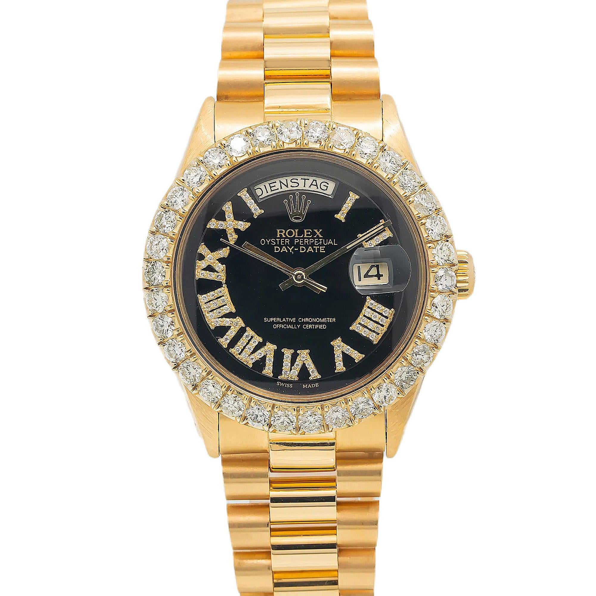 Rolex Day-Date 36MM 1803 Black Roman Dial Diamond Bezel 18K Yellow Gold President Bracelet