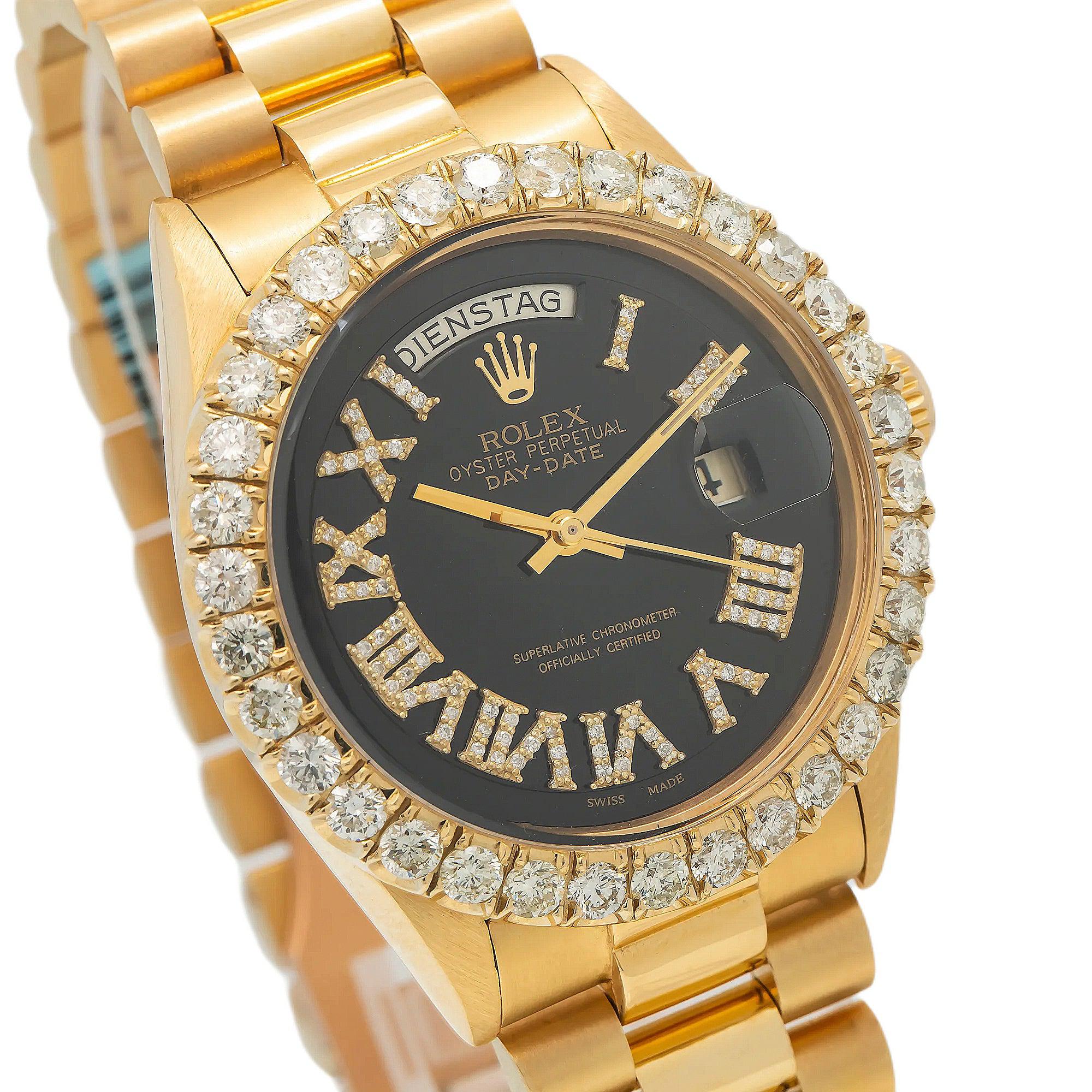 Rolex Day-Date 36MM 1803 Black Roman Diamond Dial Diamond Bezel 18K Yellow Gold President Bracelet