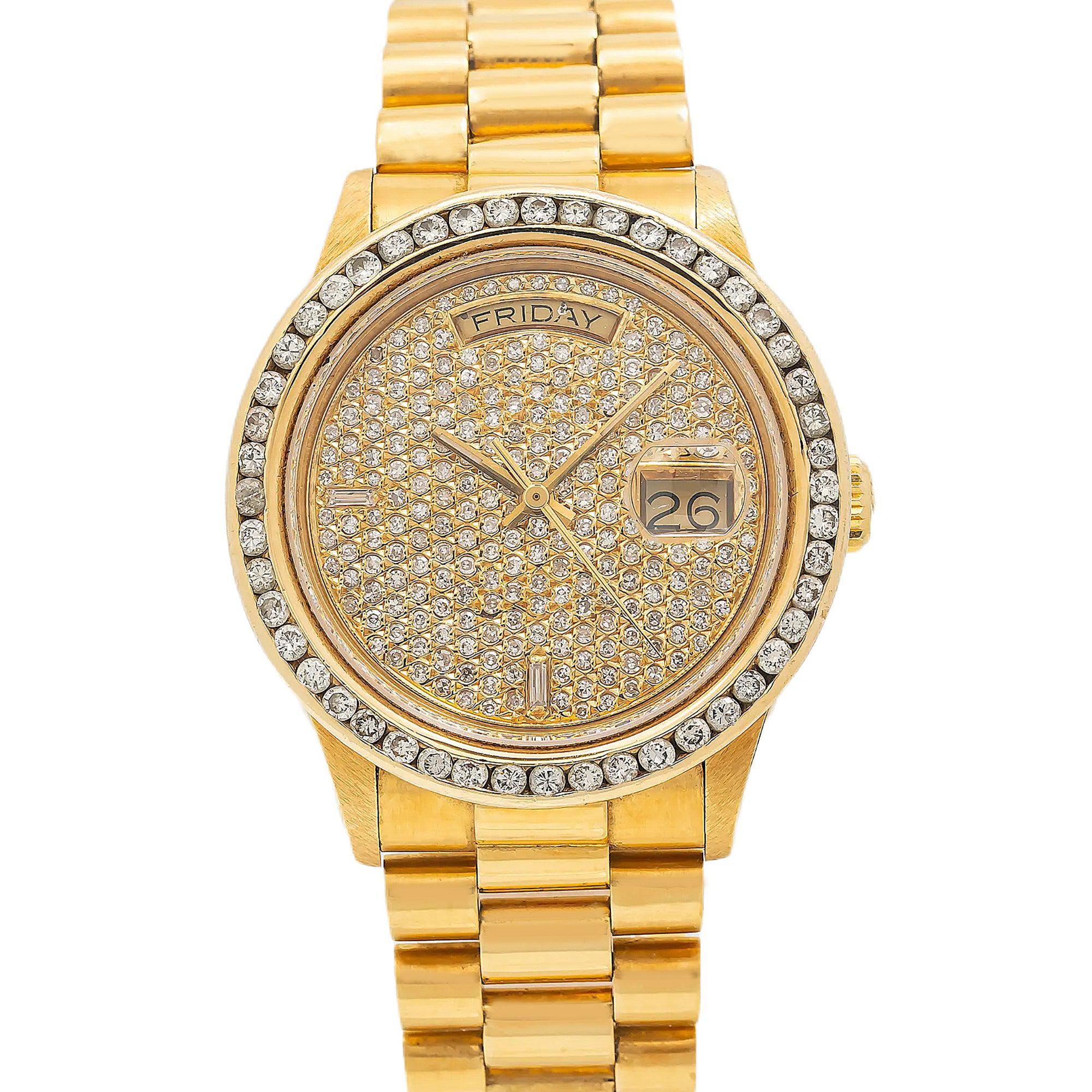 Rolex Day-Date 36MM 18038 Diamond Paved Dial Diamond Bezel 18K Yellow Gold President Bracelet