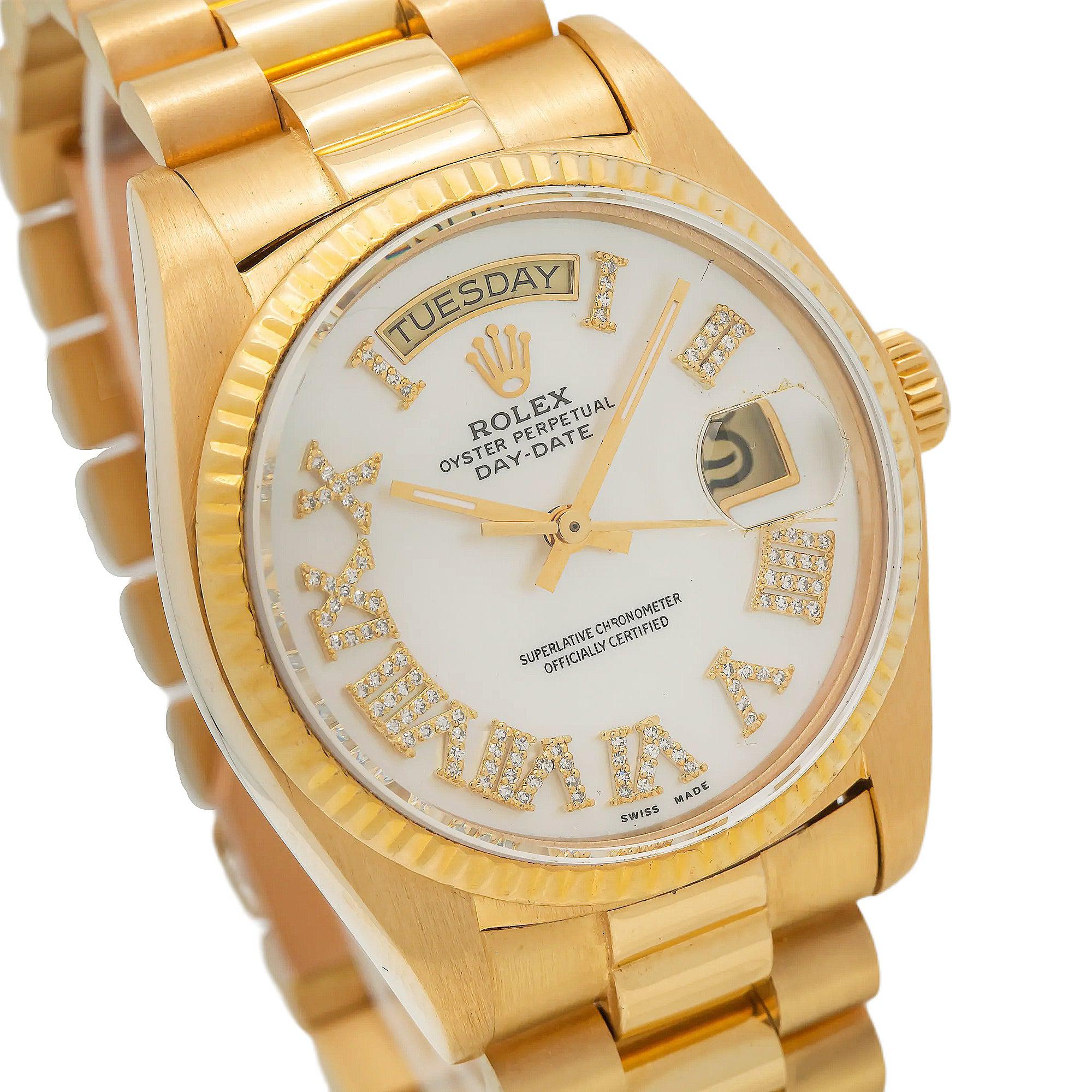 Rolex Day-Date 36MM 1803 Mother of Pearl Roman Diamond Dial Fluted Bezel 18K Yellow Gold President Bracelet