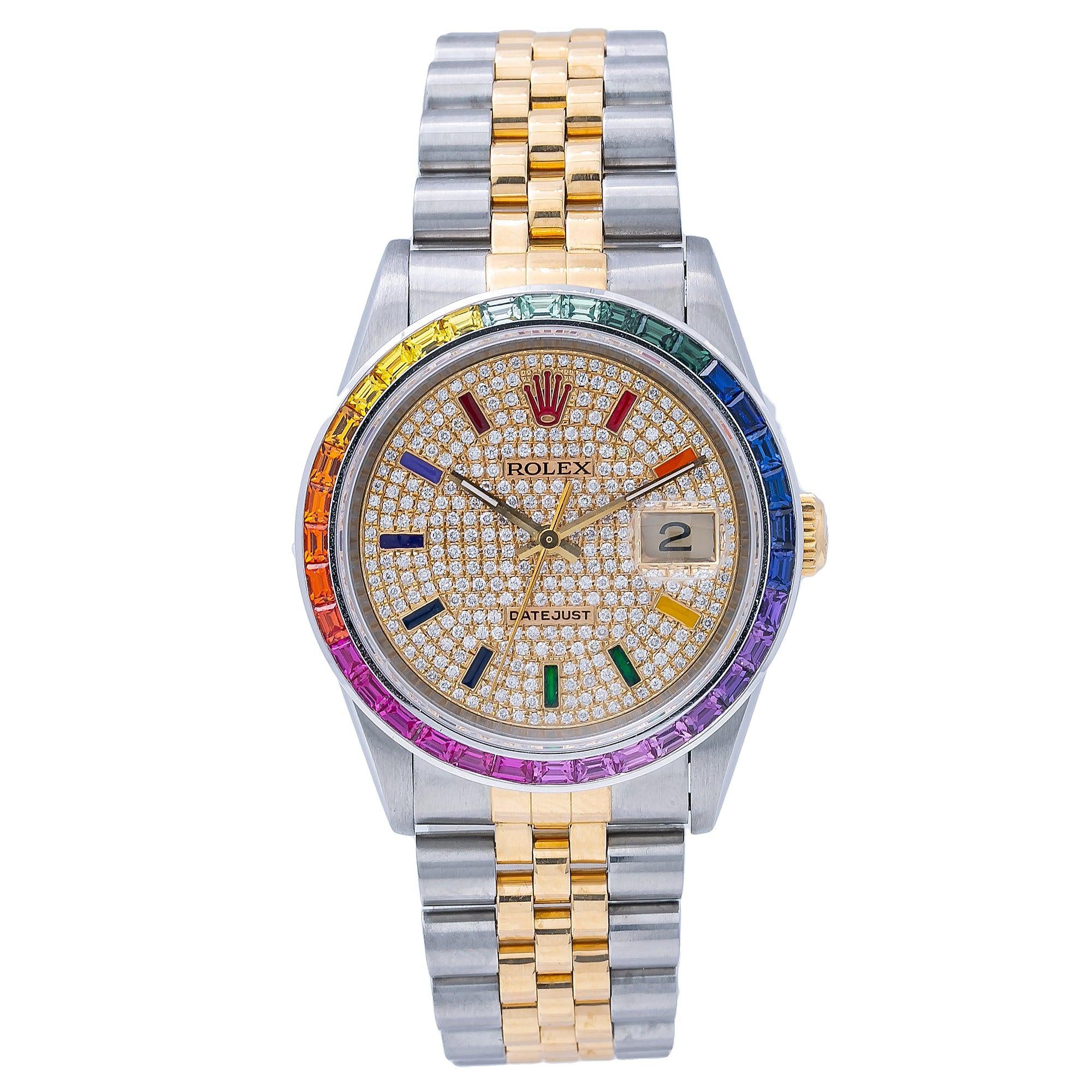 Rolex Datejust 36MM 16233 Diamond Paved Rainbow Hour Dial Rainbow Gemstone Bezel Two Tone Jubilee Bracelet