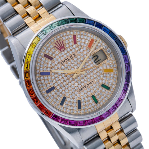 Rolex Datejust 16233 36MM Rainbow Diamond Dial With Two Tone Jubilee Bracelet