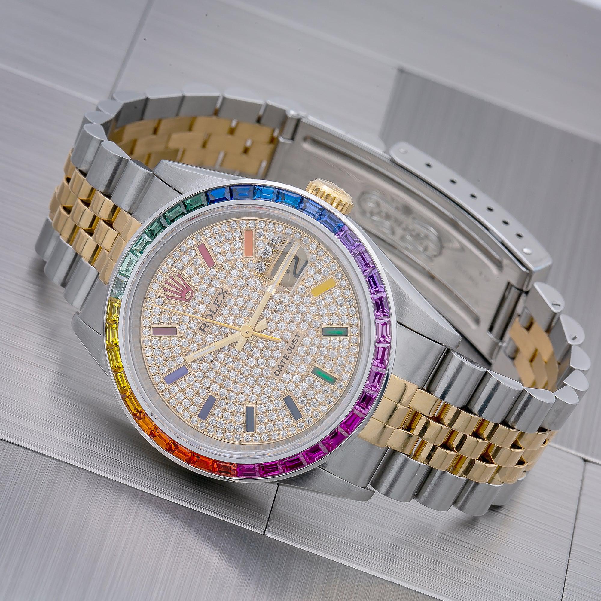 Rolex Datejust 36MM 16233 Diamond Paved Rainbow Hour Dial Rainbow Gemstone Bezel Two Tone Yellow Gold Jubilee Bracelet