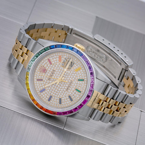 Rolex Datejust 16233 36MM Rainbow Diamond Dial With Two Tone Jubilee Bracelet