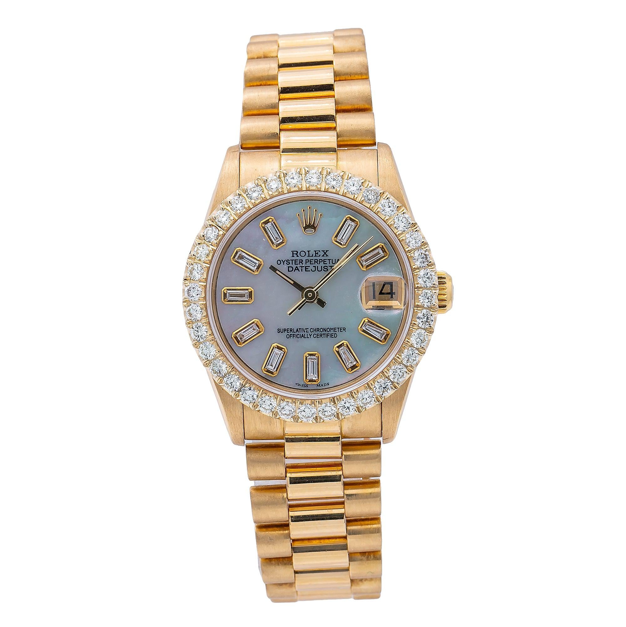 Rolex Datejust 31MM 68278 Blue Mother of Pearl Baguette Diamond Dial Diamond Bezel 18K Yellow Gold President Bracelet