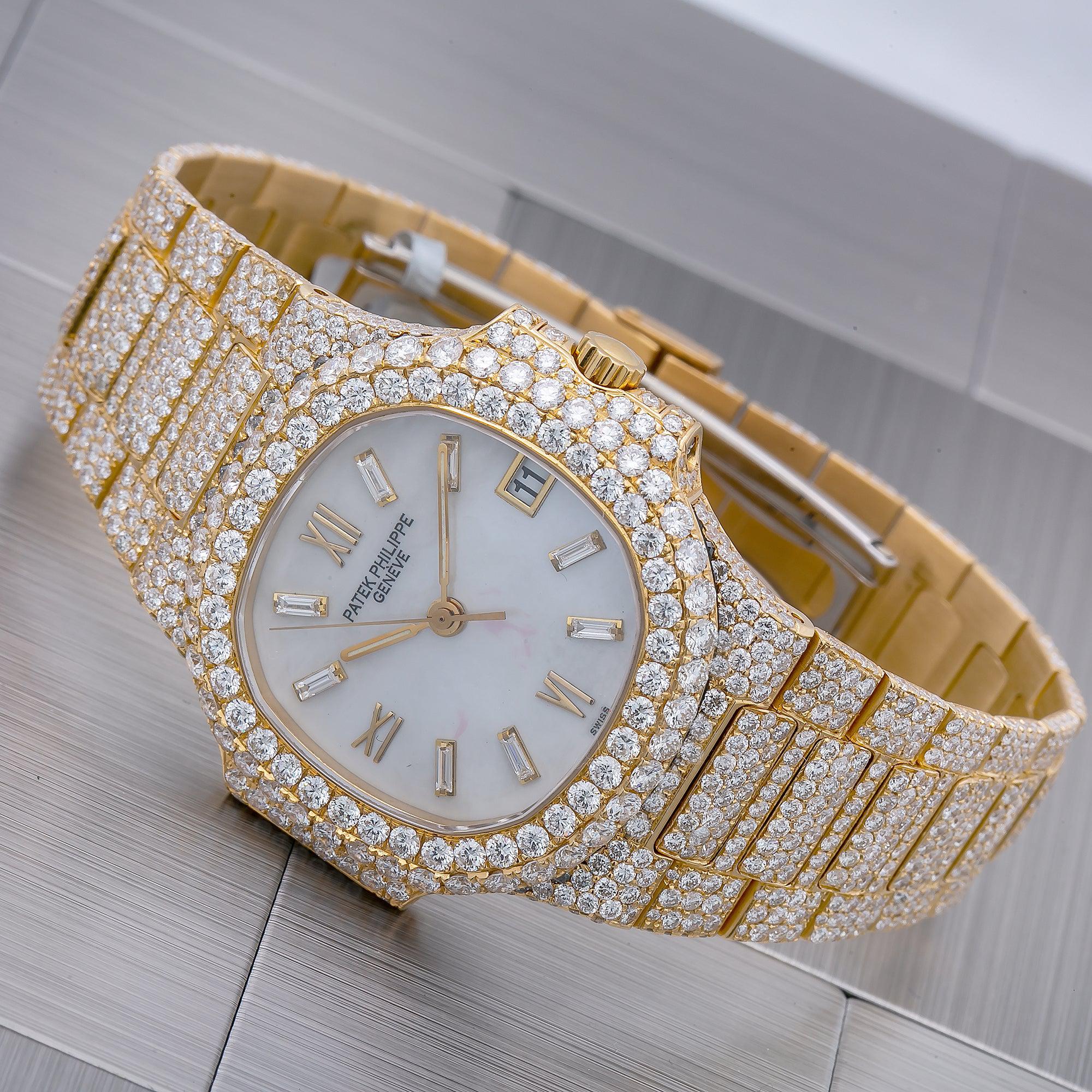 Patek Philippe Nautilus 37.5MM 3800 Mother of Pearl Roman Diamond Dial Diamond Paved Bezel 18K Yellow Gold Bracelet 17.82ct