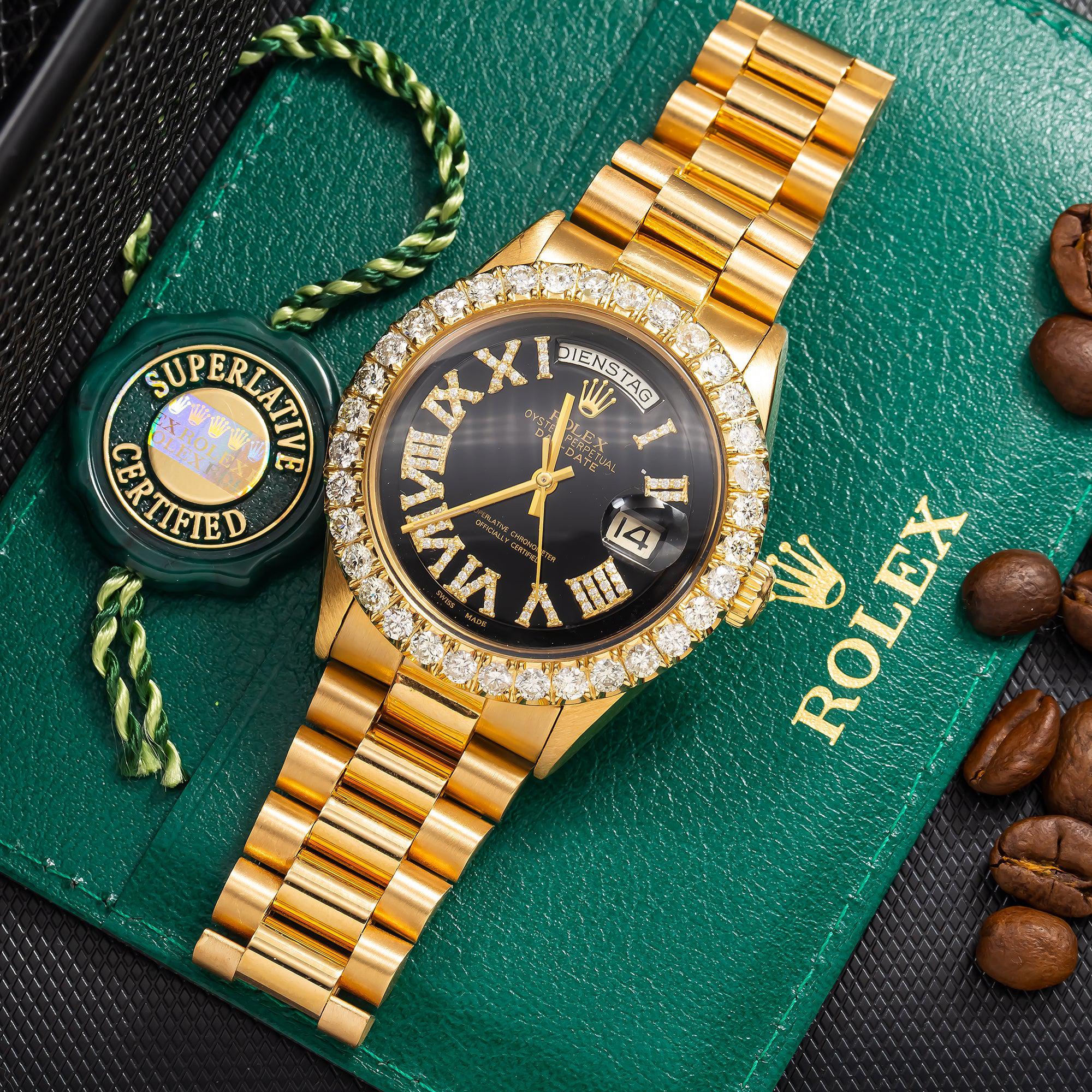 Rolex Day-Date 36MM 1803 Black Roman Diamond Dial Diamond Bezel 18K Yellow Gold President Bracelet