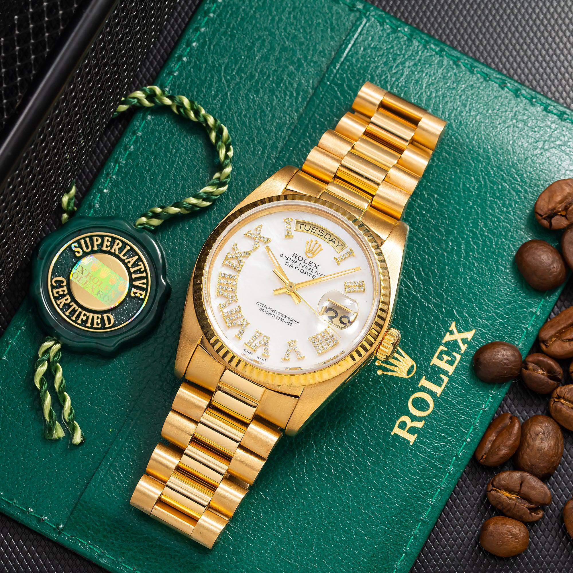Rolex Day-Date 36MM 1803 Mother of Pearl Roman Diamond Dial Fluted Bezel 18K Yellow Gold President Bracelet