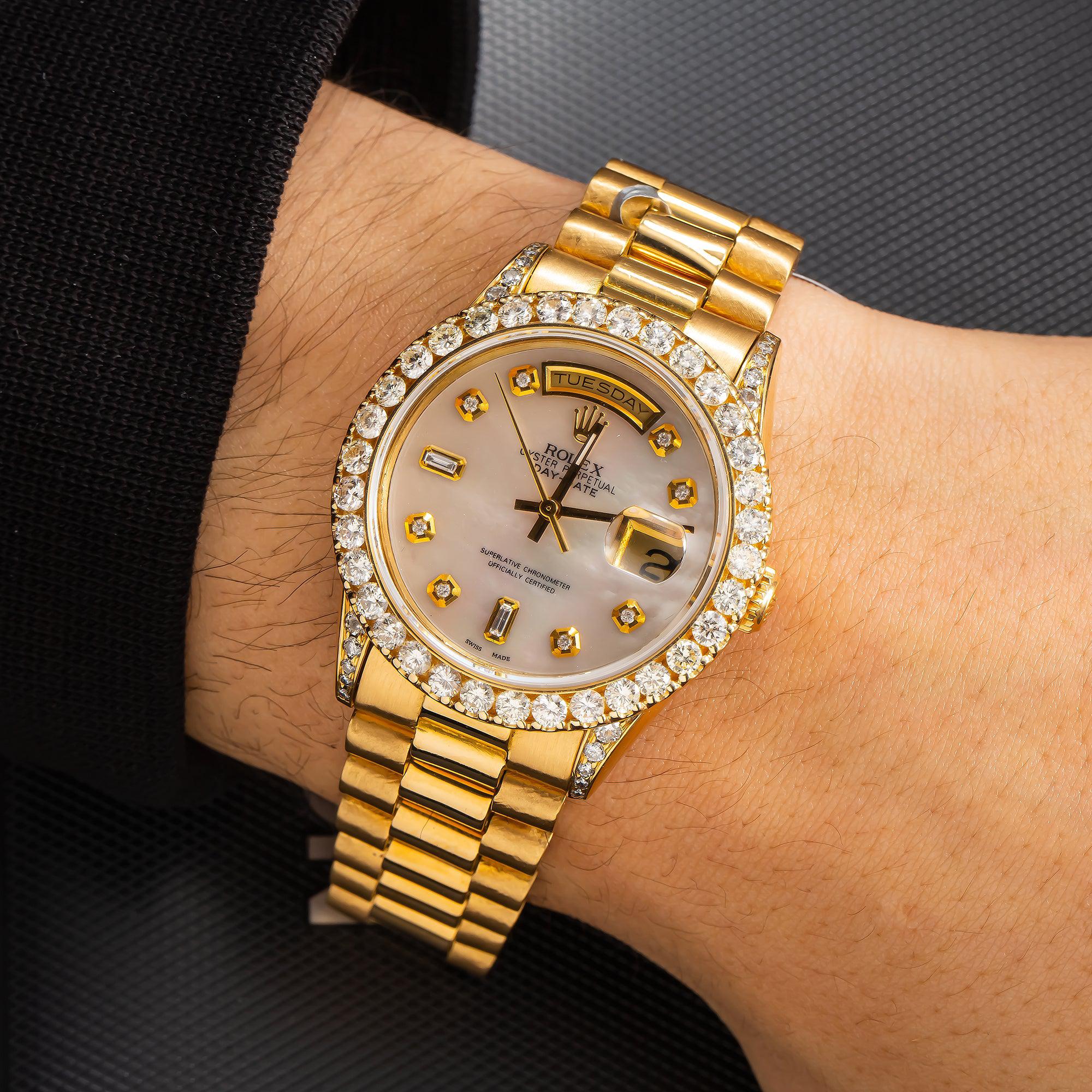 Rolex Day-Date 36MM 18238 White Mother of Pearl Diamond Dial Diamond Bezel 18K Yellow Gold President Bracelet