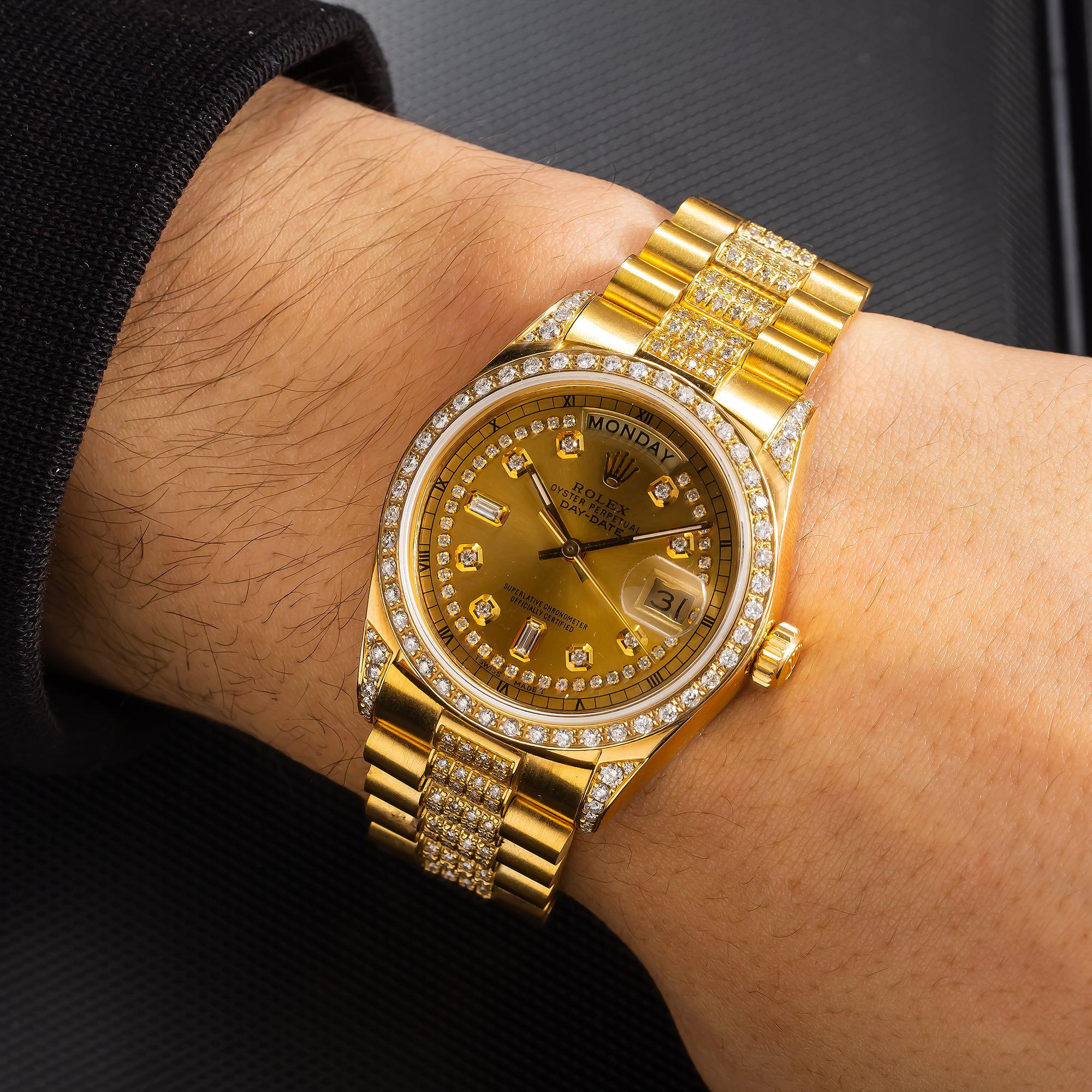 Rolex Day-Date 36MM 18038 Champagne Diamond Dial Diamond Bezel 18K Yellow Gold Semi Diamond President Bracelet