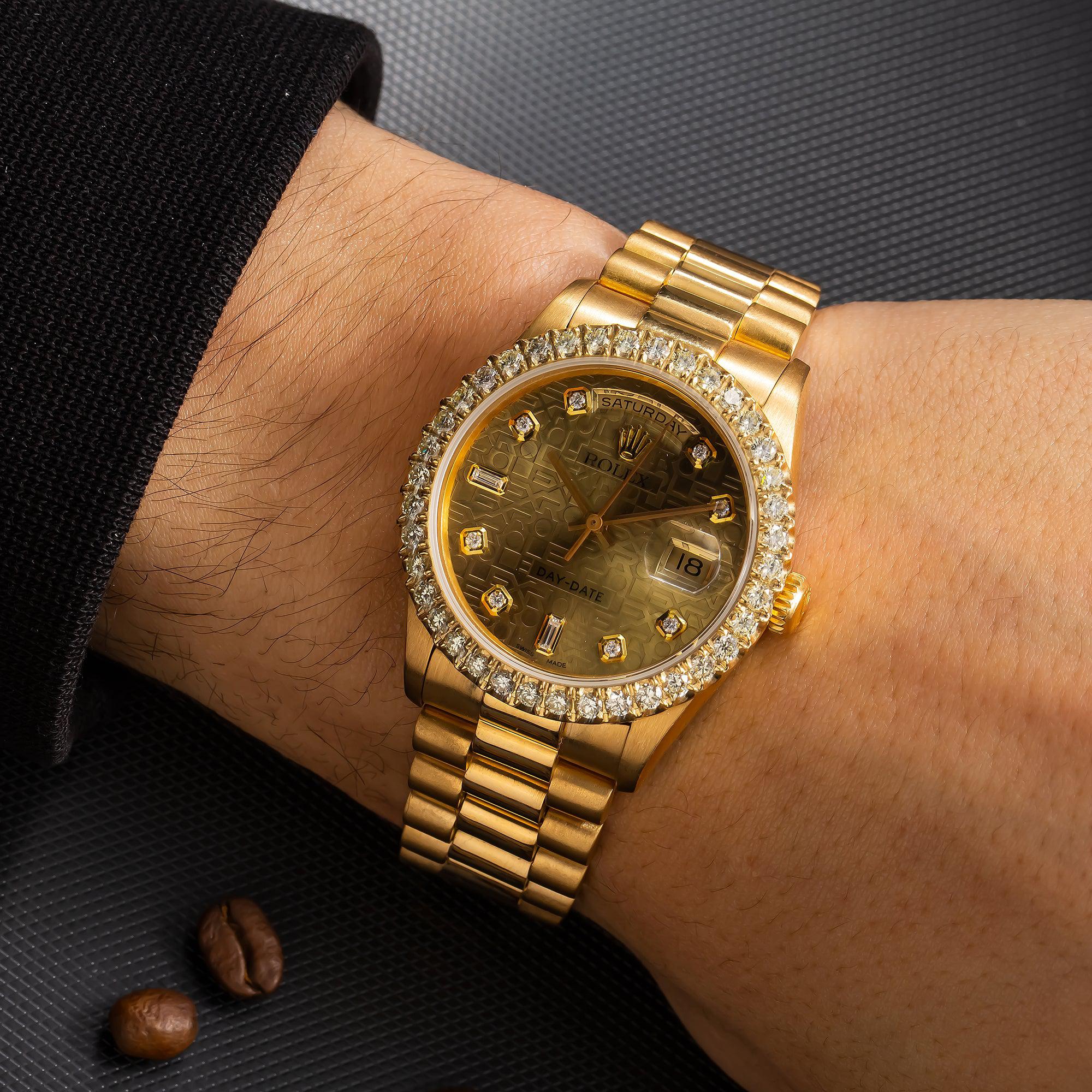 Rolex Day-Date 36MM 18238 Champagne Pattern Diamond Dial Diamond Bezel 18K Yellow Gold President Bracelet