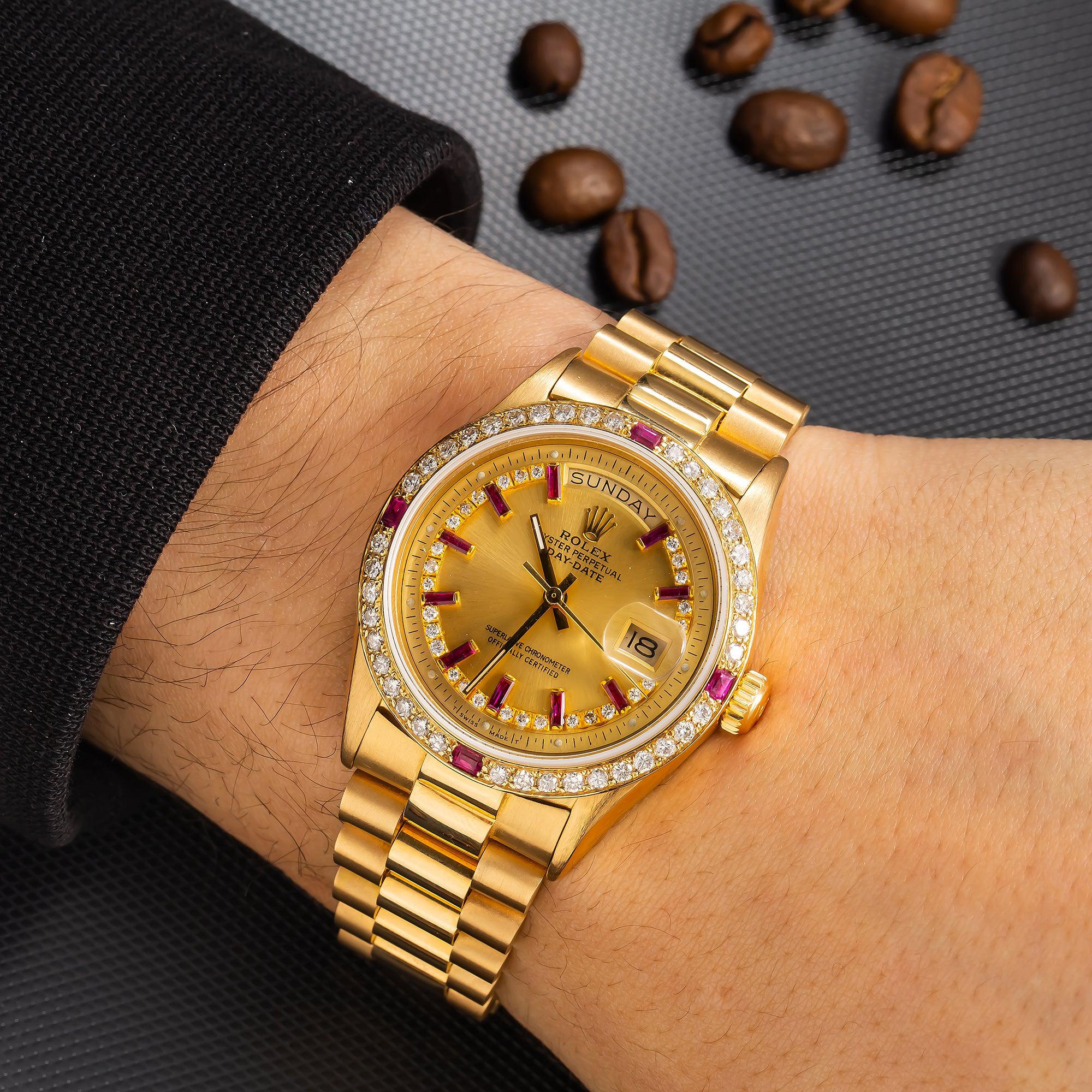 Rolex Day-Date 36MM 1803 Champagne Diamond Dial Diamond Bezel 18K Yellow Gold President Bracelet