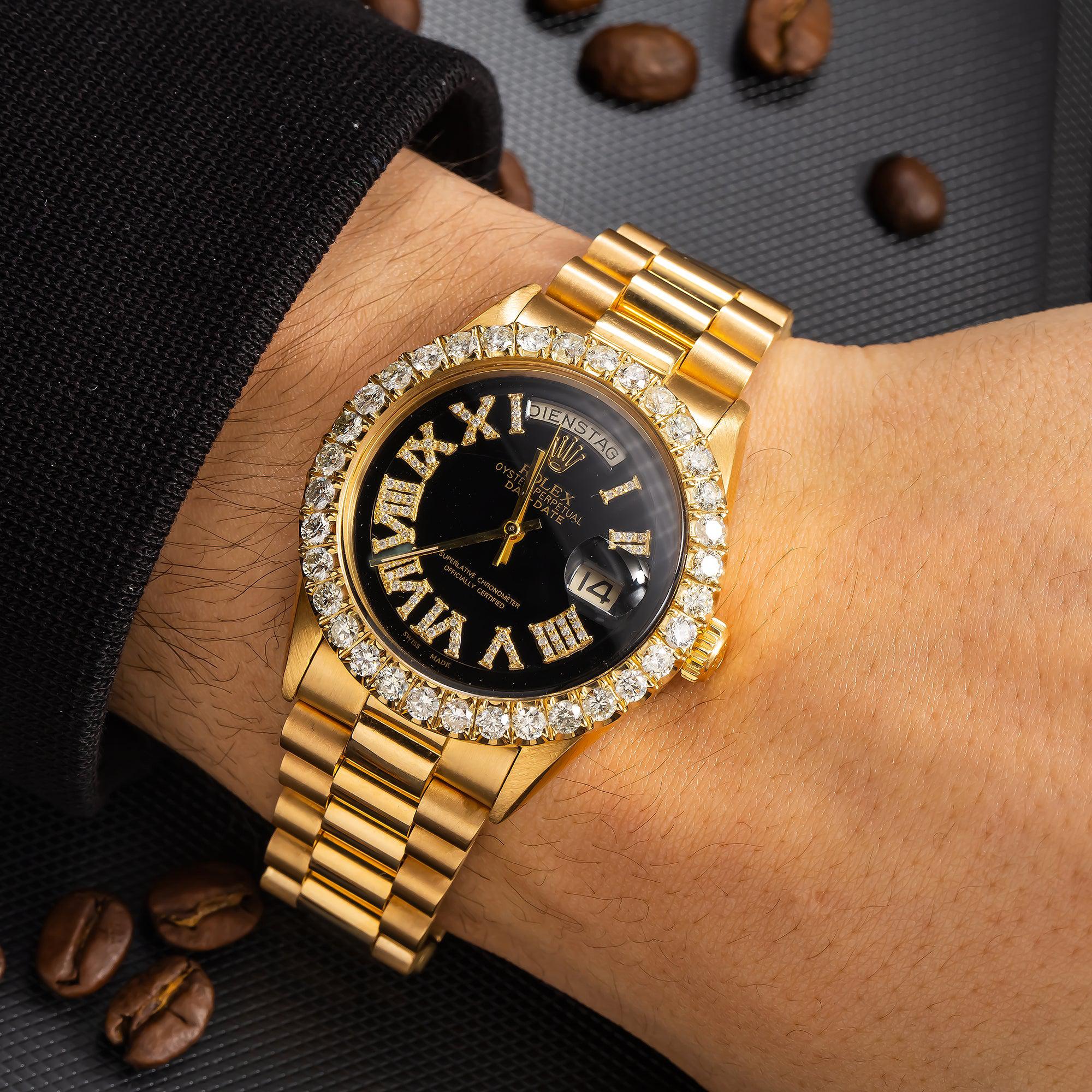 Rolex Day-Date 36MM 1803 Black Roman Diamond Dial Diamond Bezel 18K Yellow Gold President Bracelet