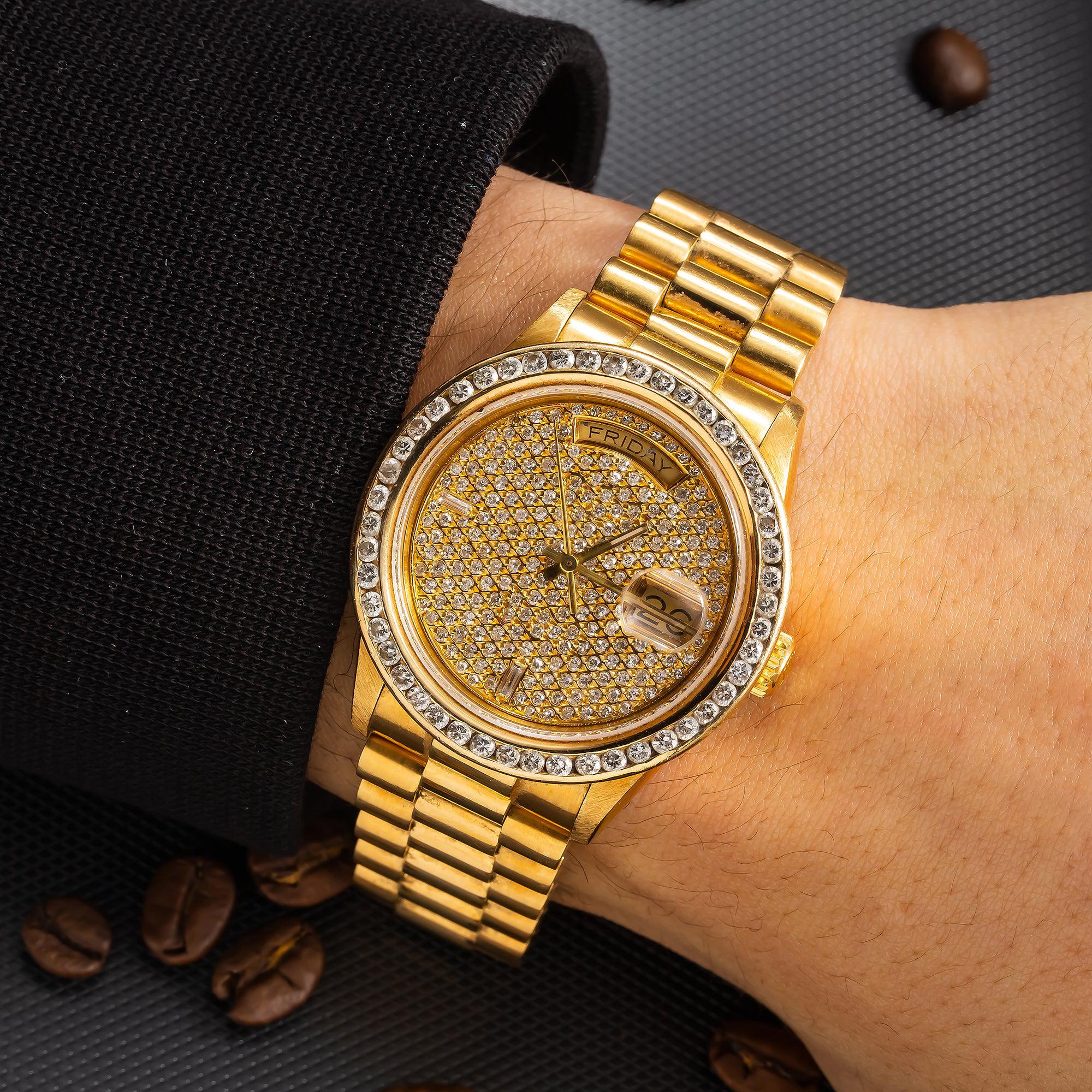 Rolex Day-Date 36MM 18038 Diamond Paved Dial Diamond Bezel 18K Yellow Gold President Bracelet