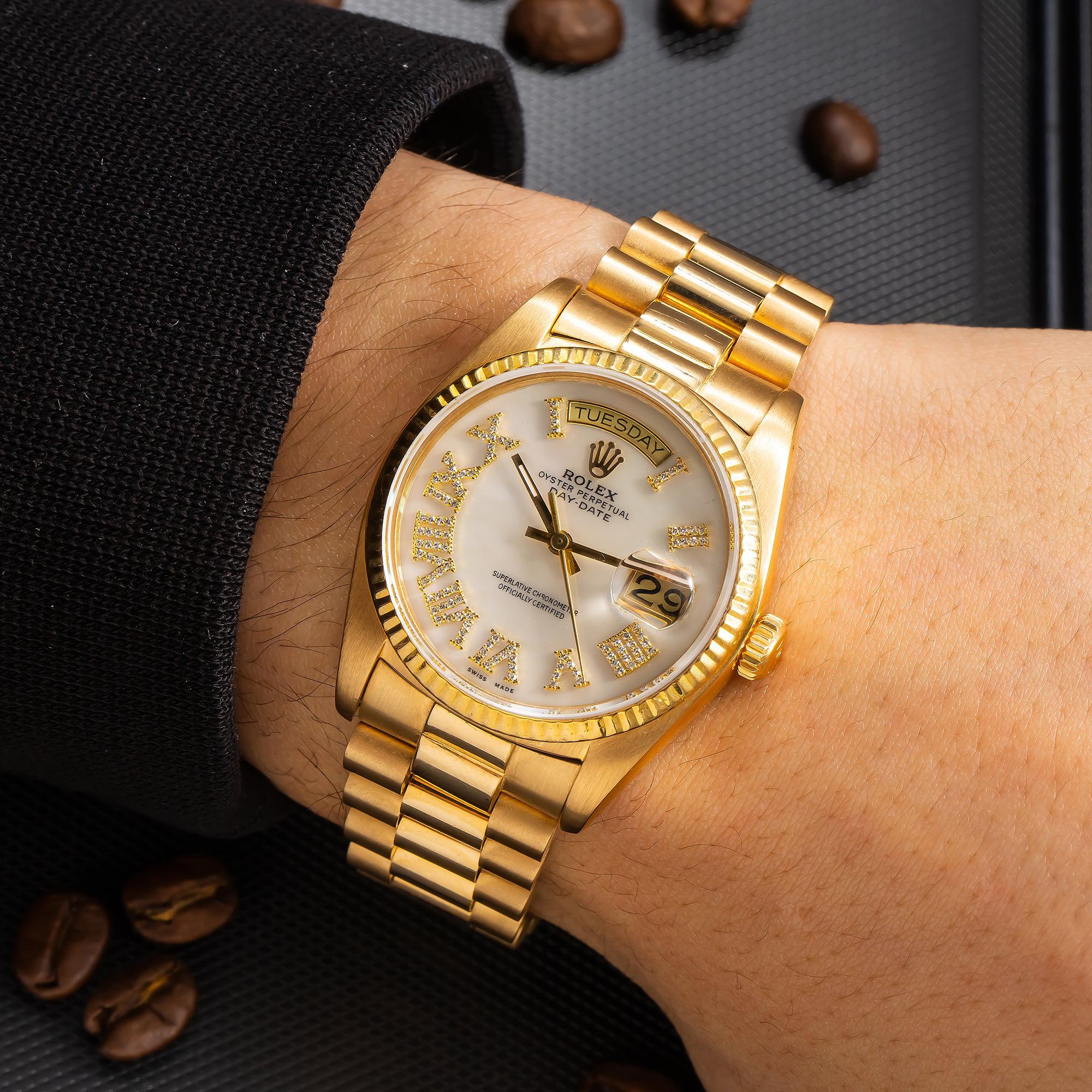 Rolex Day-Date 36MM 1803 Mother of Pearl Roman Diamond Dial Fluted Bezel 18K Yellow Gold President Bracelet