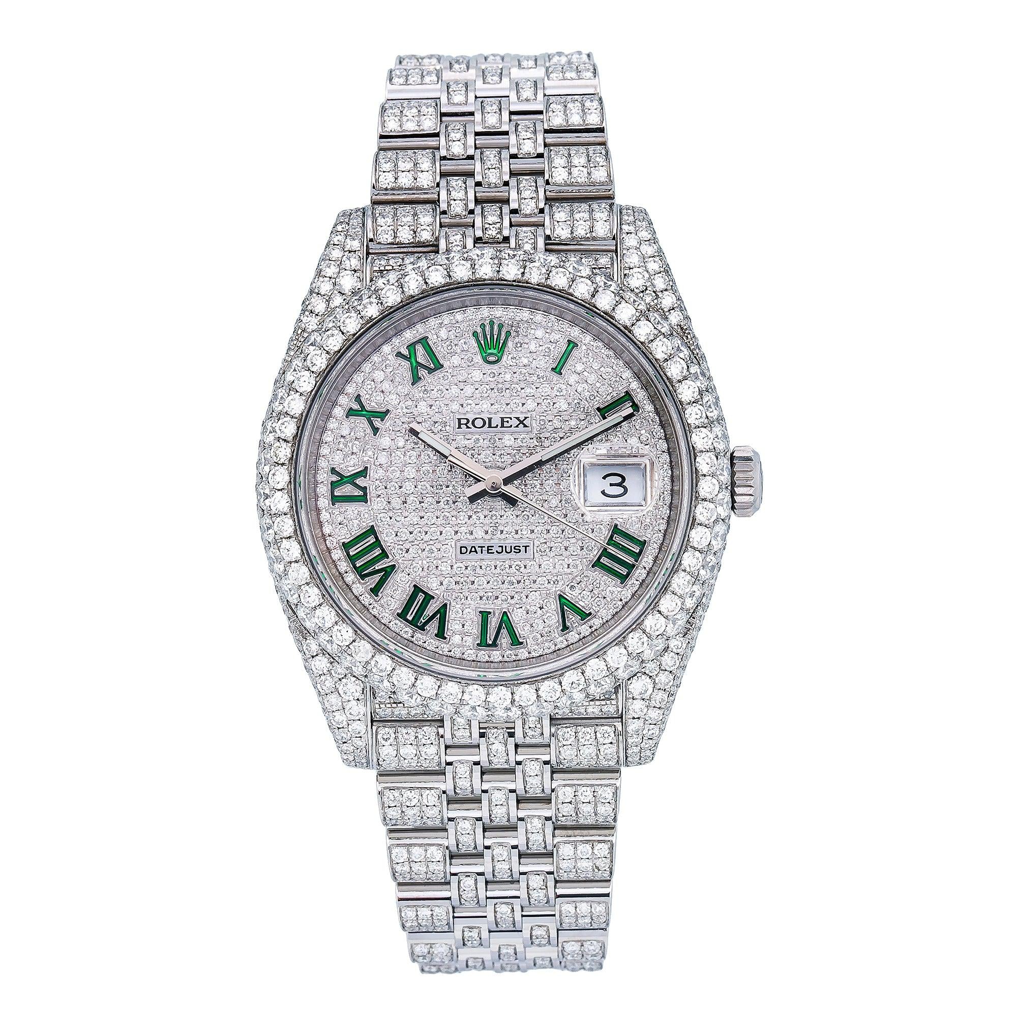 Rolex Datejust 41MM 126300 Diamond Paved Green Roman Dial Diamond Bezel Full Diamond Oyster Bracelet