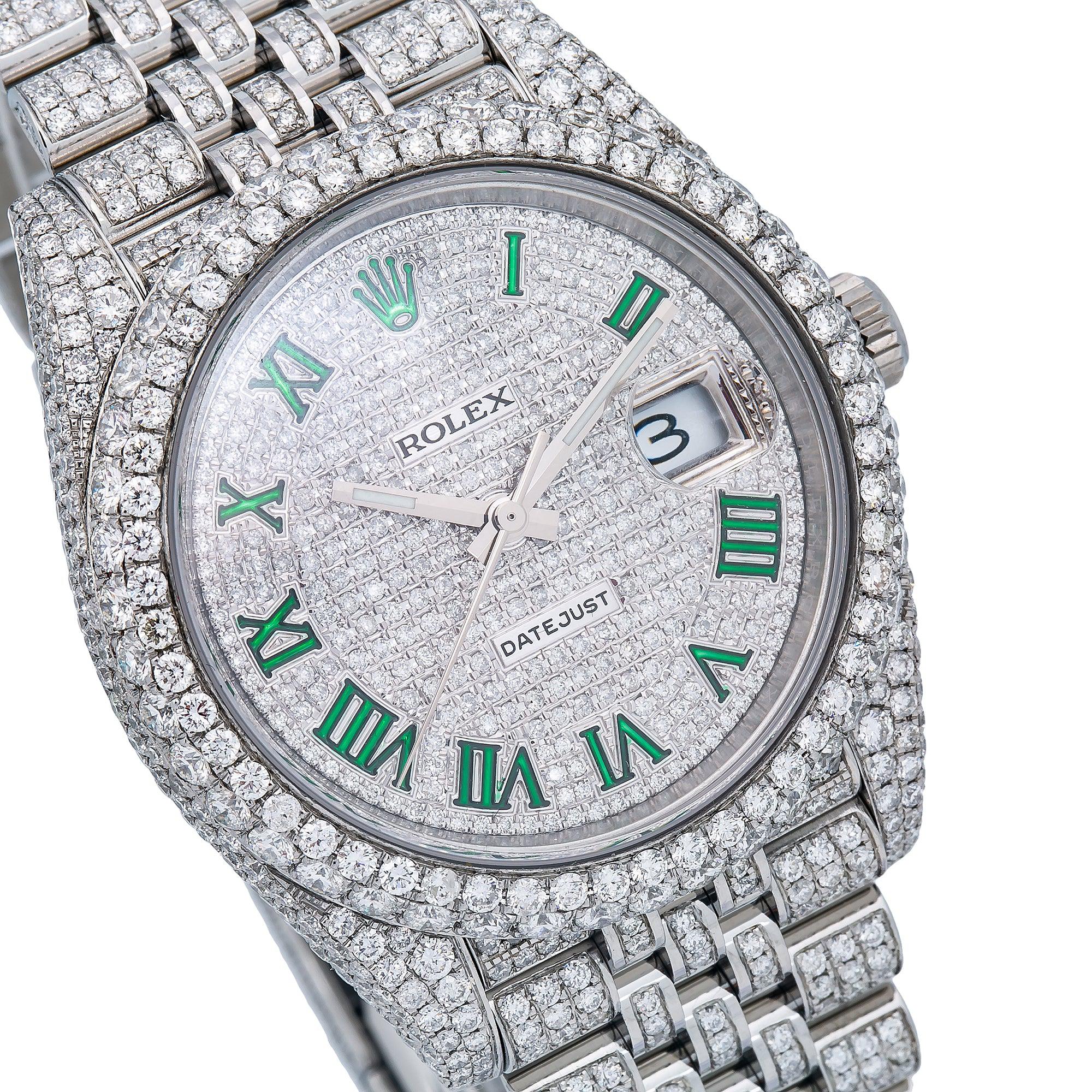 Rolex Datejust 41MM 126300 Diamond Paved Green Roman Dial Diamond Bezel Stainless Steel Full Diamond Jubilee Bracelet