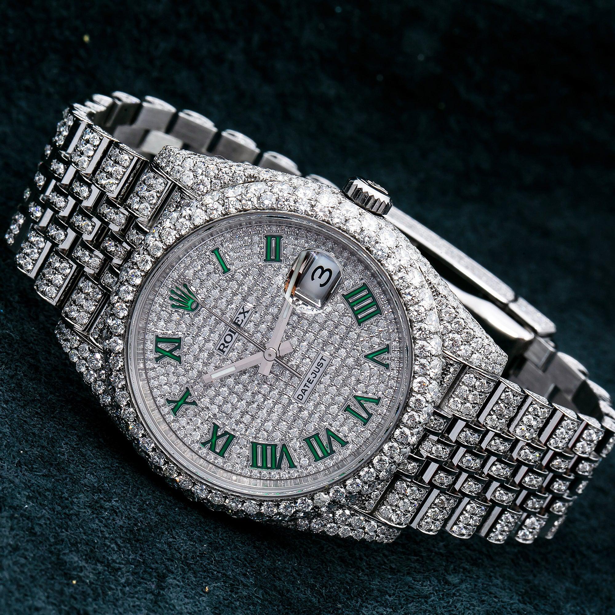 Rolex Datejust 41MM 126300 Diamond Paved Green Roman Dial Diamond Bezel Stainless Steel Full Diamond Jubilee Bracelet