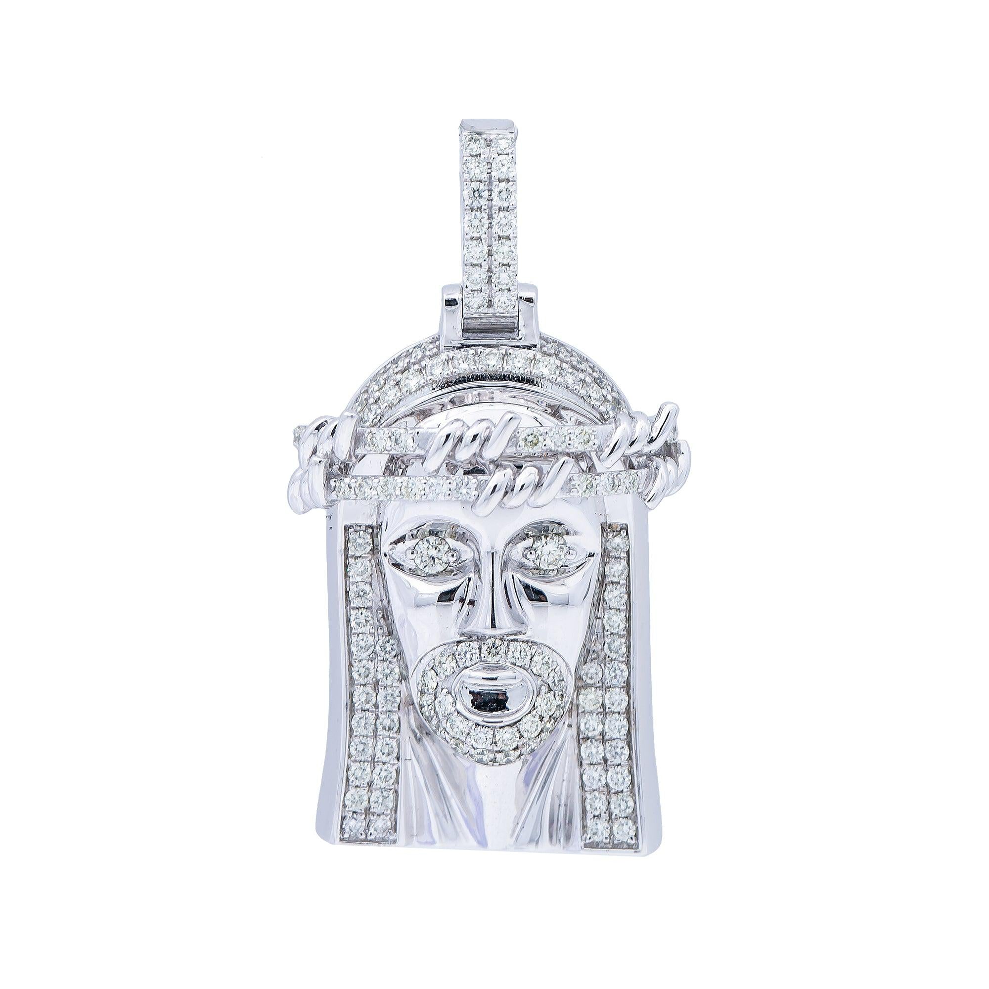 14K White Gold Diamond Jesus Head Pendant
