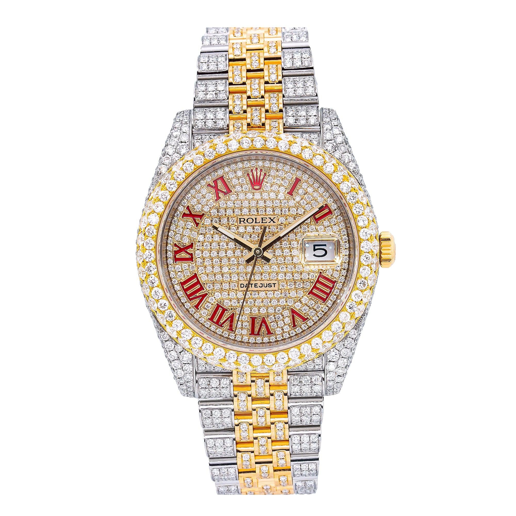 Rolex Datejust 41MM 126333 Diamond Paved Red Roman Dial Diamond Bezel Two Tone Full Diamond Jubilee Bracelet