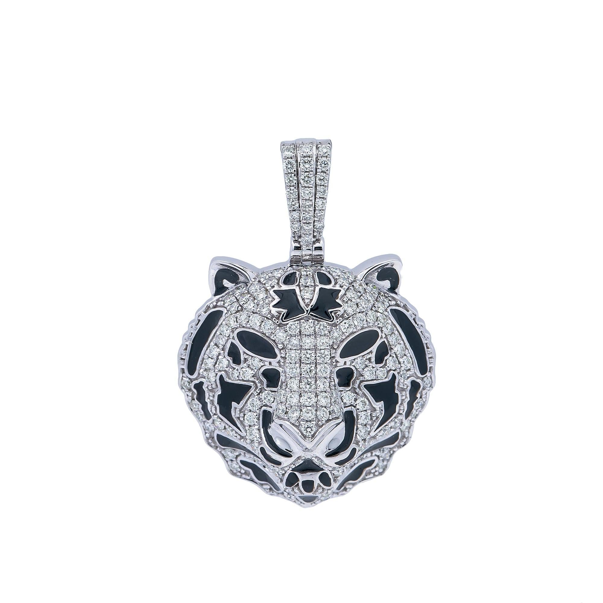 14K White Gold Diamond Tiger Head Pendant