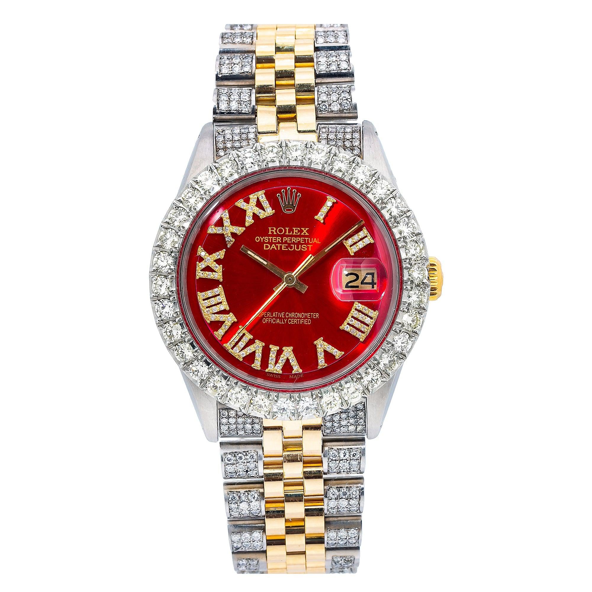 Rolex Datejust 36MM 1601 Red Roman Dial Diamond Bezel Two Tone Semi Diamond Jubilee Bracelet
