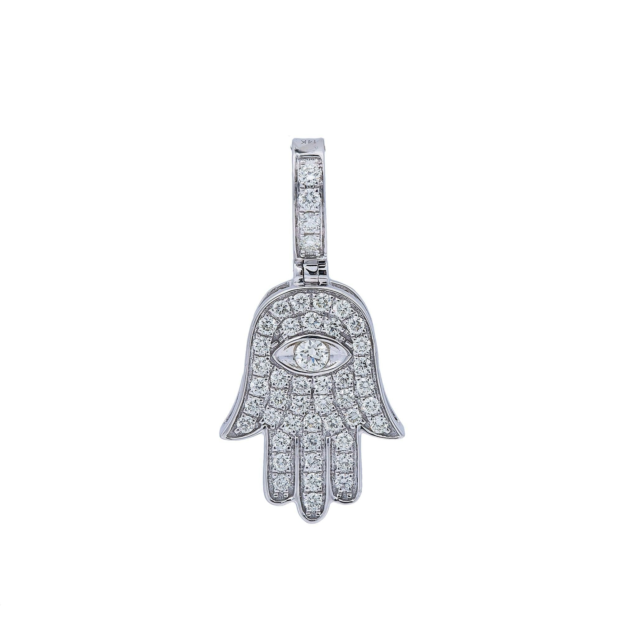 14K White Gold Diamond Hamsa Pendant