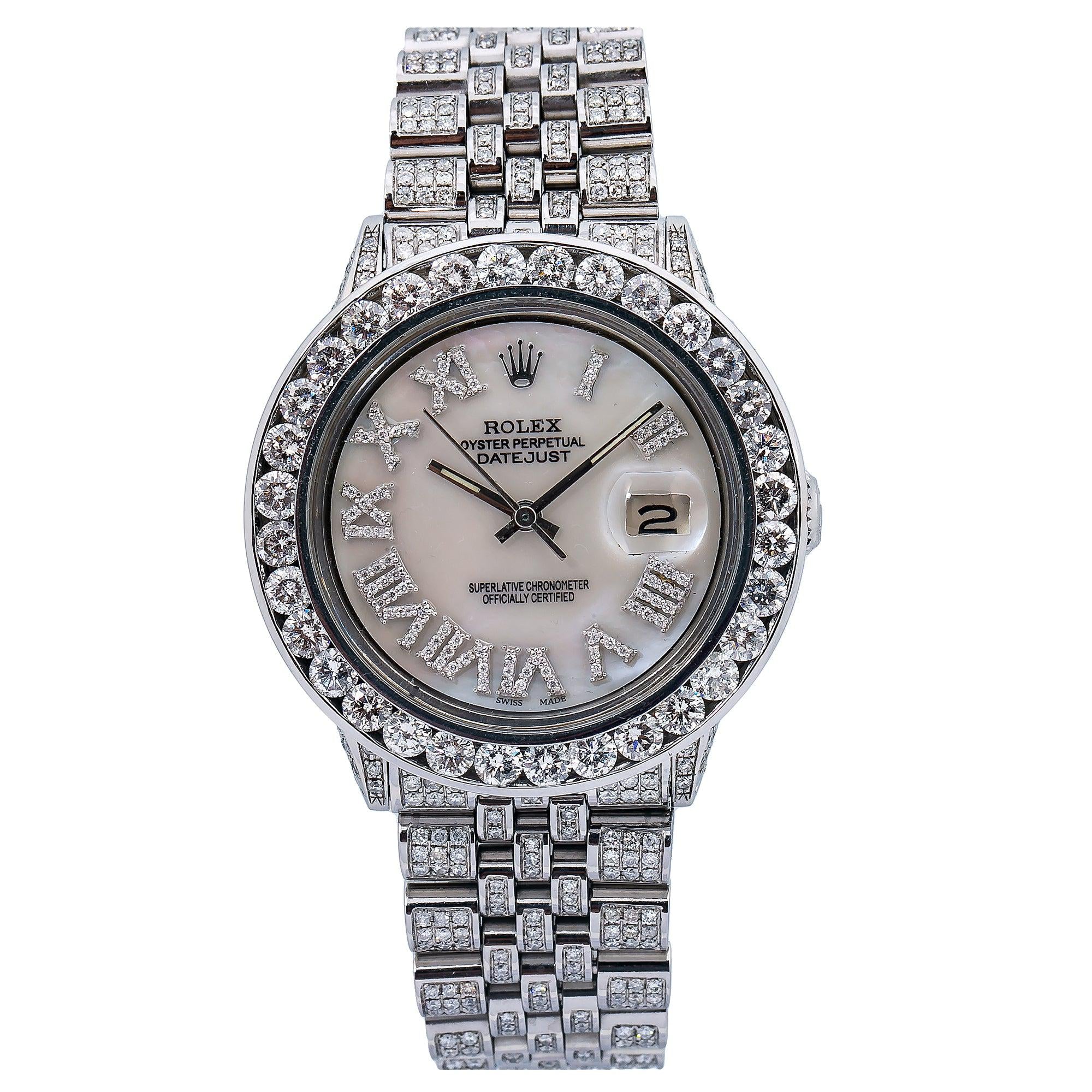 Rolex Datejust 36MM 16200 Mother of Pearl Roman Dial Diamond Bezel Full Diamond Oyster Bracelet