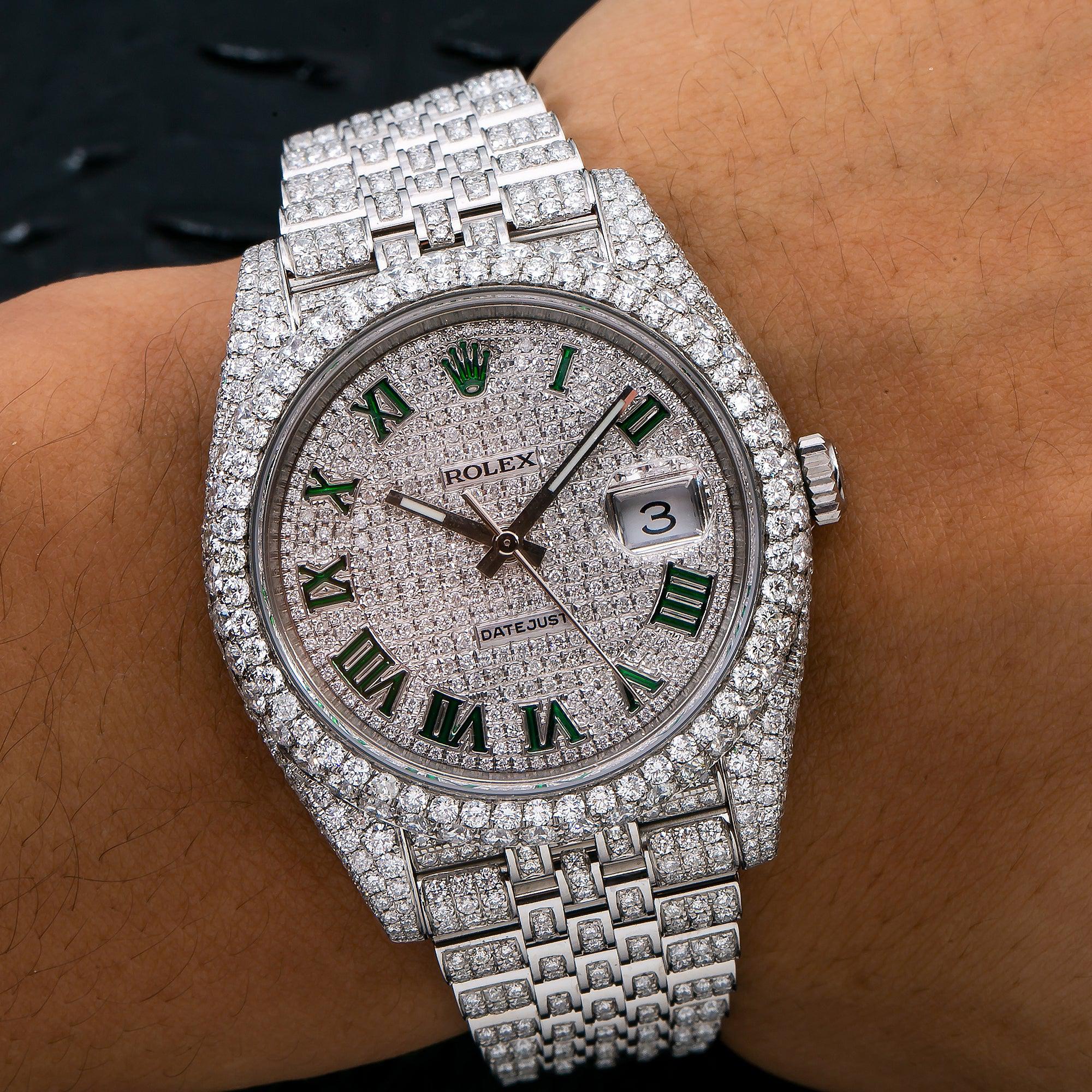Rolex Datejust 41MM 126300 Diamond Paved Green Roman Dial Diamond Bezel Stainless Steel Full Diamond Jubilee Bracelet