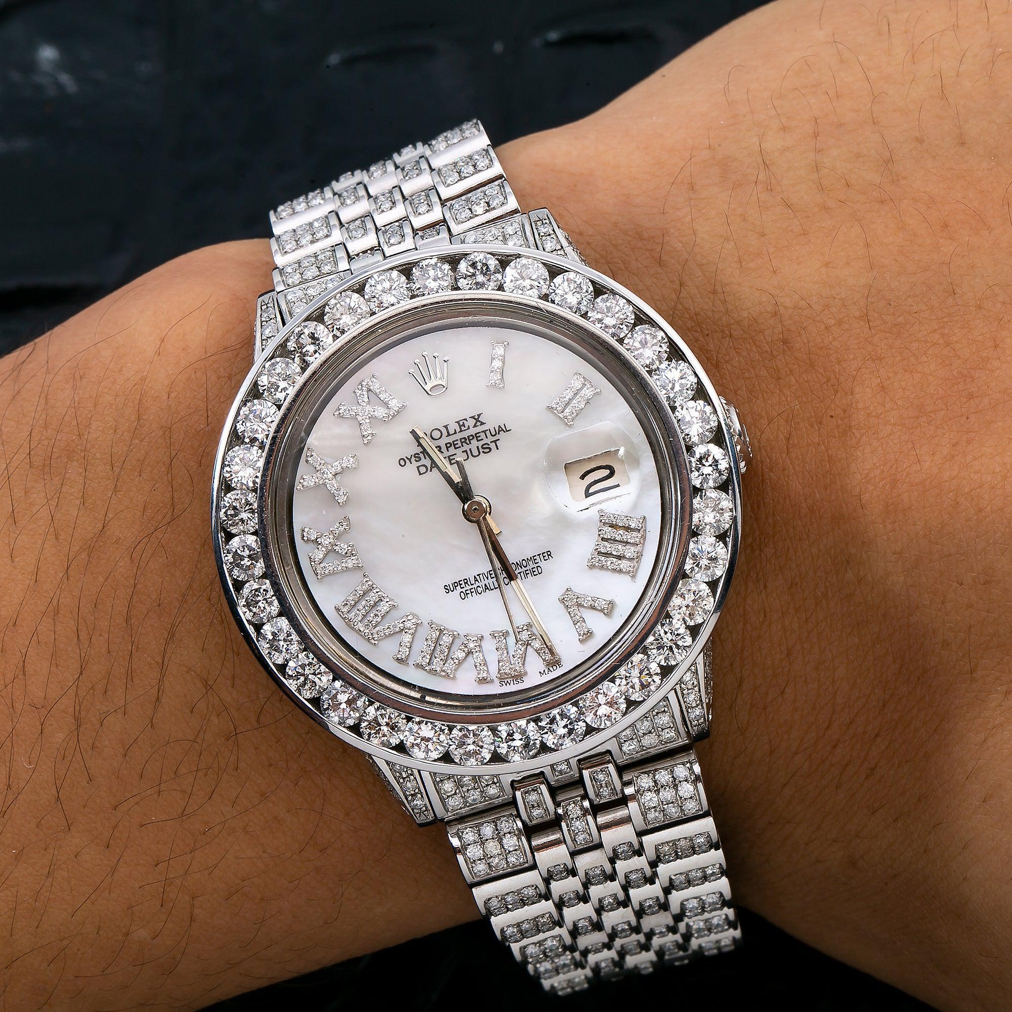 Rolex Datejust 36MM 16200 White Mother of Pearl Roman Diamond Dial Diamond Bezel Stainless Steel Full Diamond Jubilee Bracelet