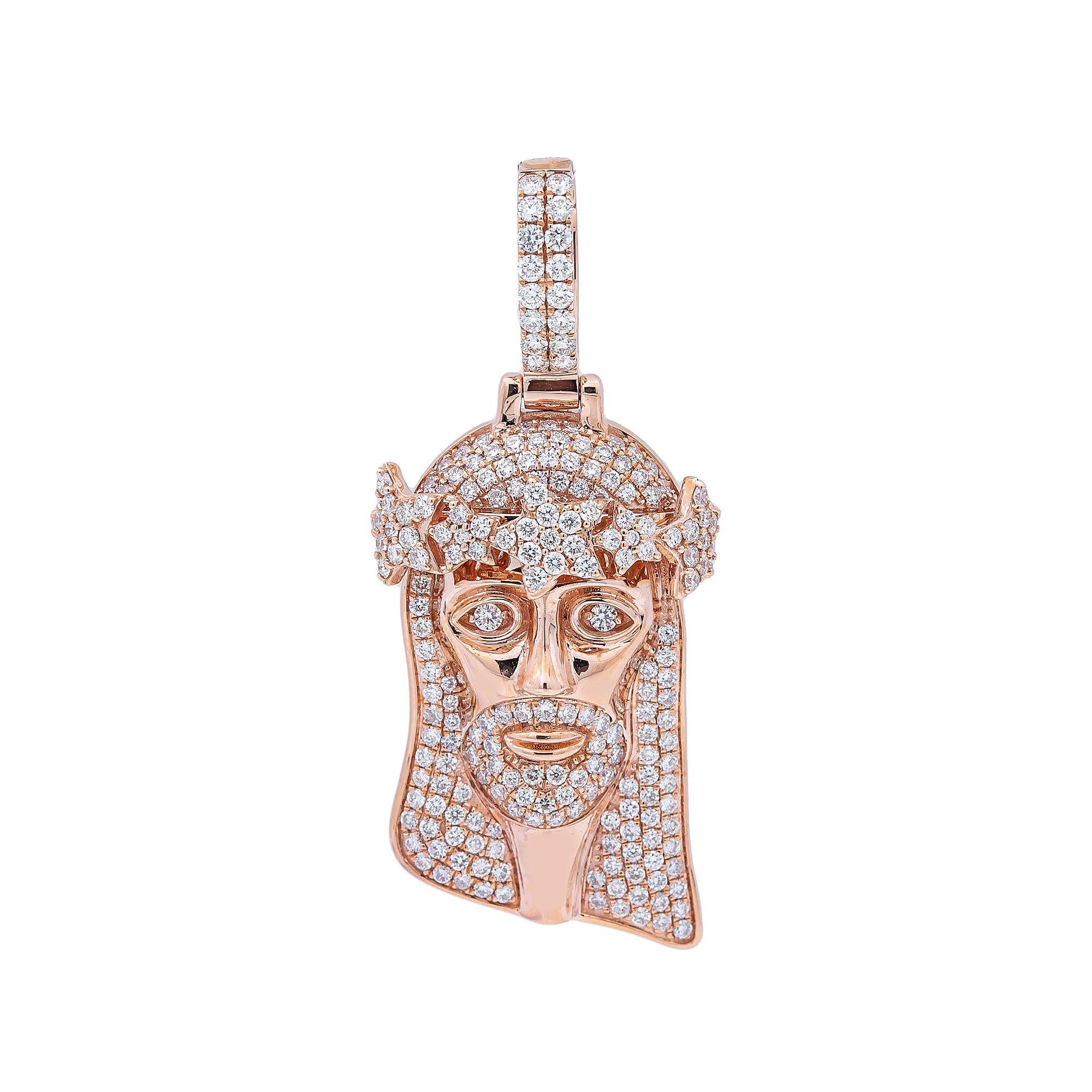 14K Rose Gold Diamond Jesus Head Pendant With 2.35CT