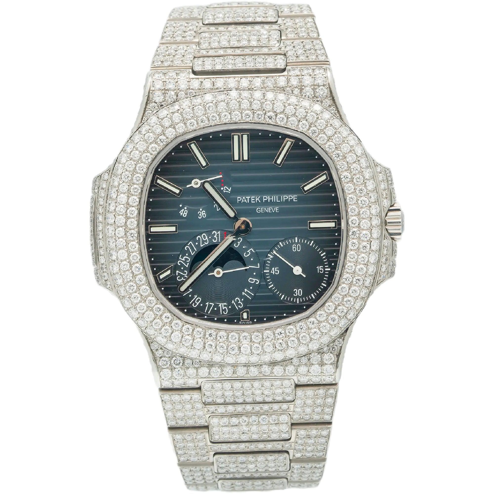 Patek Philippe Nautilus 40MM 5712/1A Blue Dial Diamond Paved Bezel Stainless Steel Full Diamond Bracelet