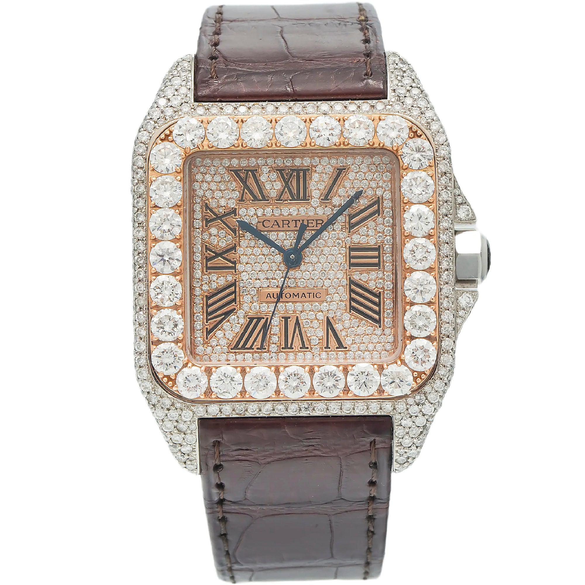 Cartier Santos 100 38MM W20073X8 Champagne Roman Dial Diamond Bezel Brown Leather Strap 11.35ct