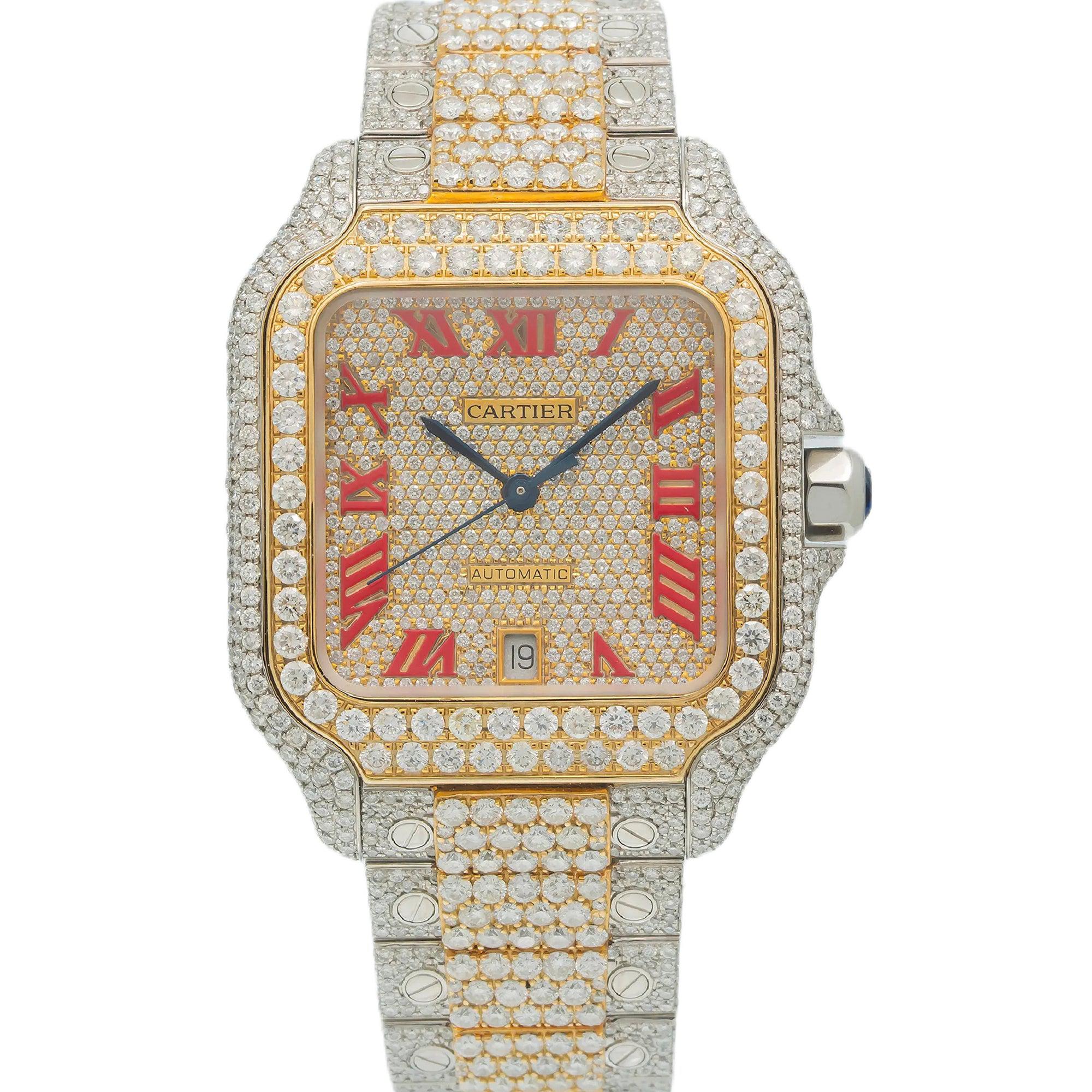 Cartier Santos 39.8MM WSSA0018 Diamond Paved Champagne Roman Dial Yellow Gold Diamond Bezel Two Tone Yellow Gold Full Diamond Bracelet 18.75ct