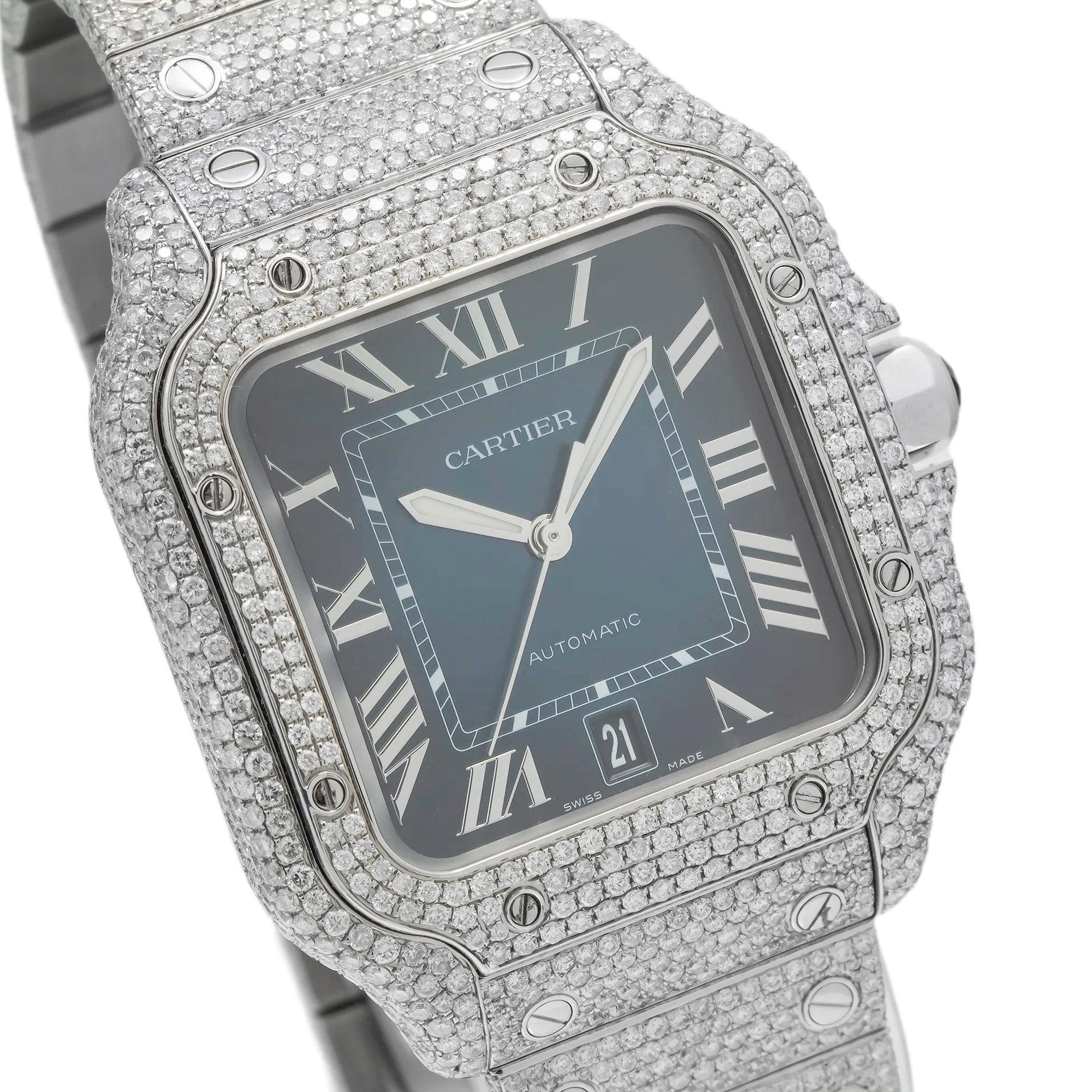 Cartier Santos 39.8MM WSSA0009 Blue Roman Dial Diamond Paved Bezel Stainless Steel Full Diamond Bracelet