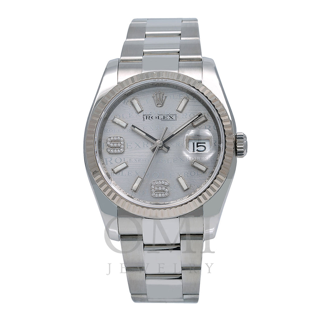 Rolex Datejust Diamond Watch, 116234 36mm, Rhodium Waves Dial Diamond on 6&9 Fluted Oyster Watch