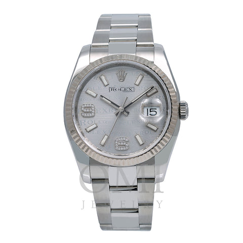 Rolex Datejust Diamond Watch, 116234 36mm, Rhodium Waves Dial Diamond on 6&9 Fluted Oyster Watch