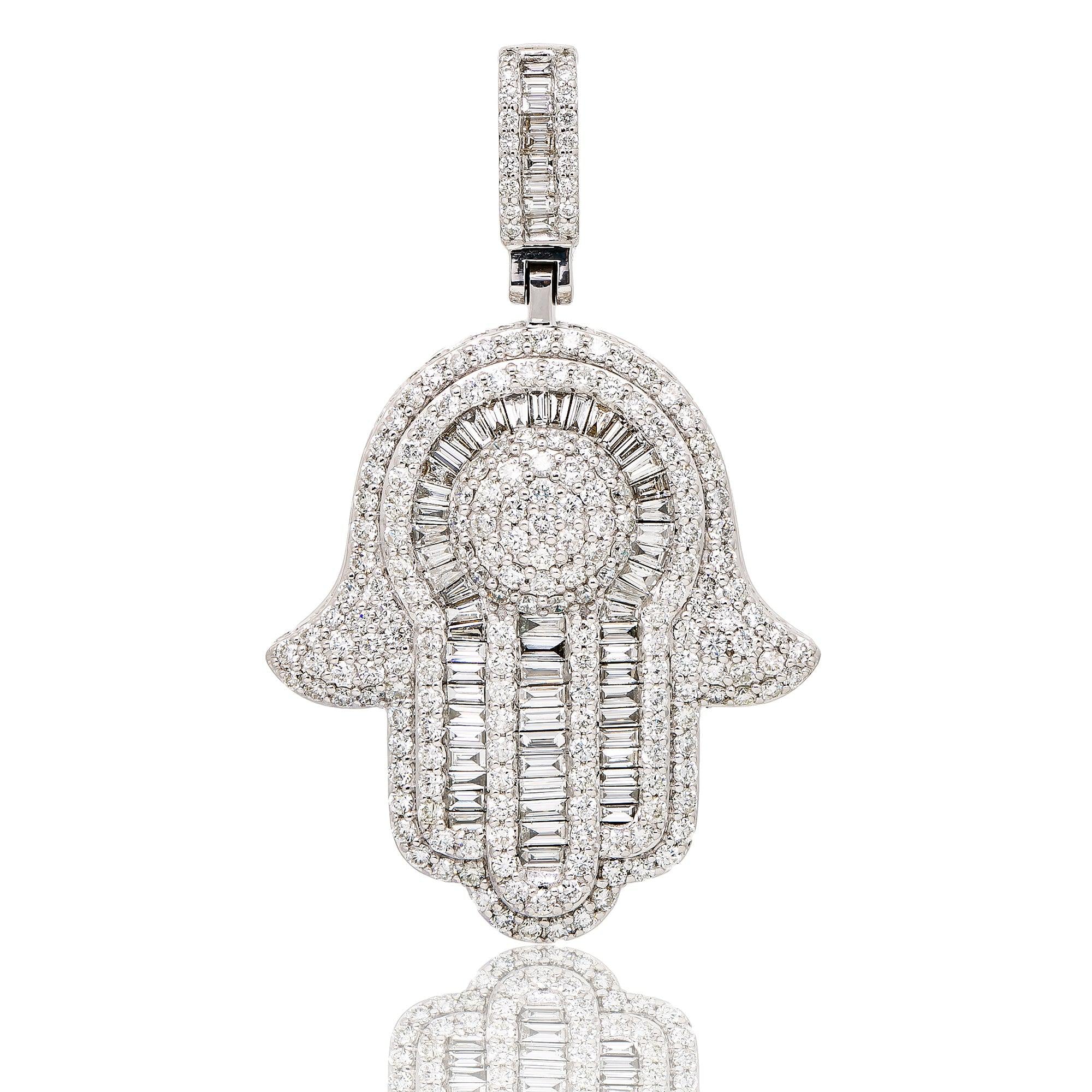 Unisex 14K White Gold Hamsa Pendant with 5.92 CT Diamonds