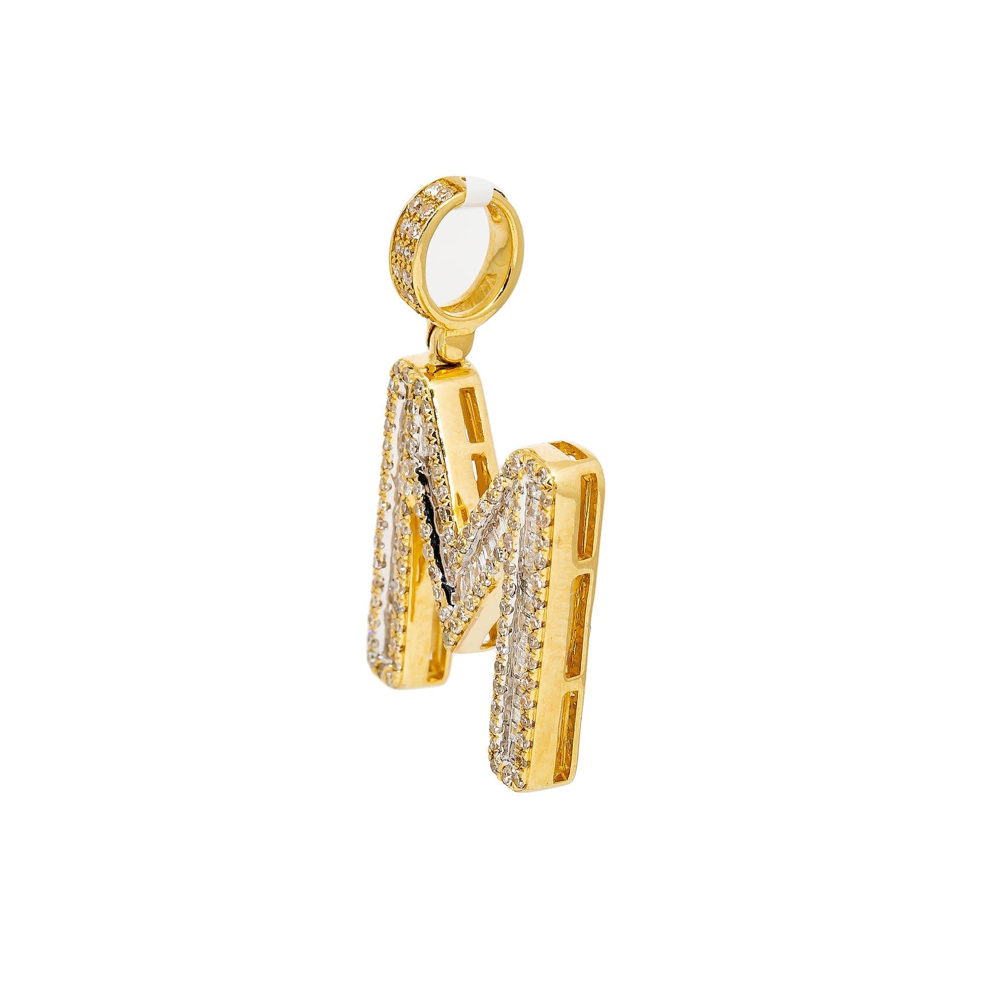 Unisex Diamond Initial M Pendant With .84CT Baguette And Round Diamonds