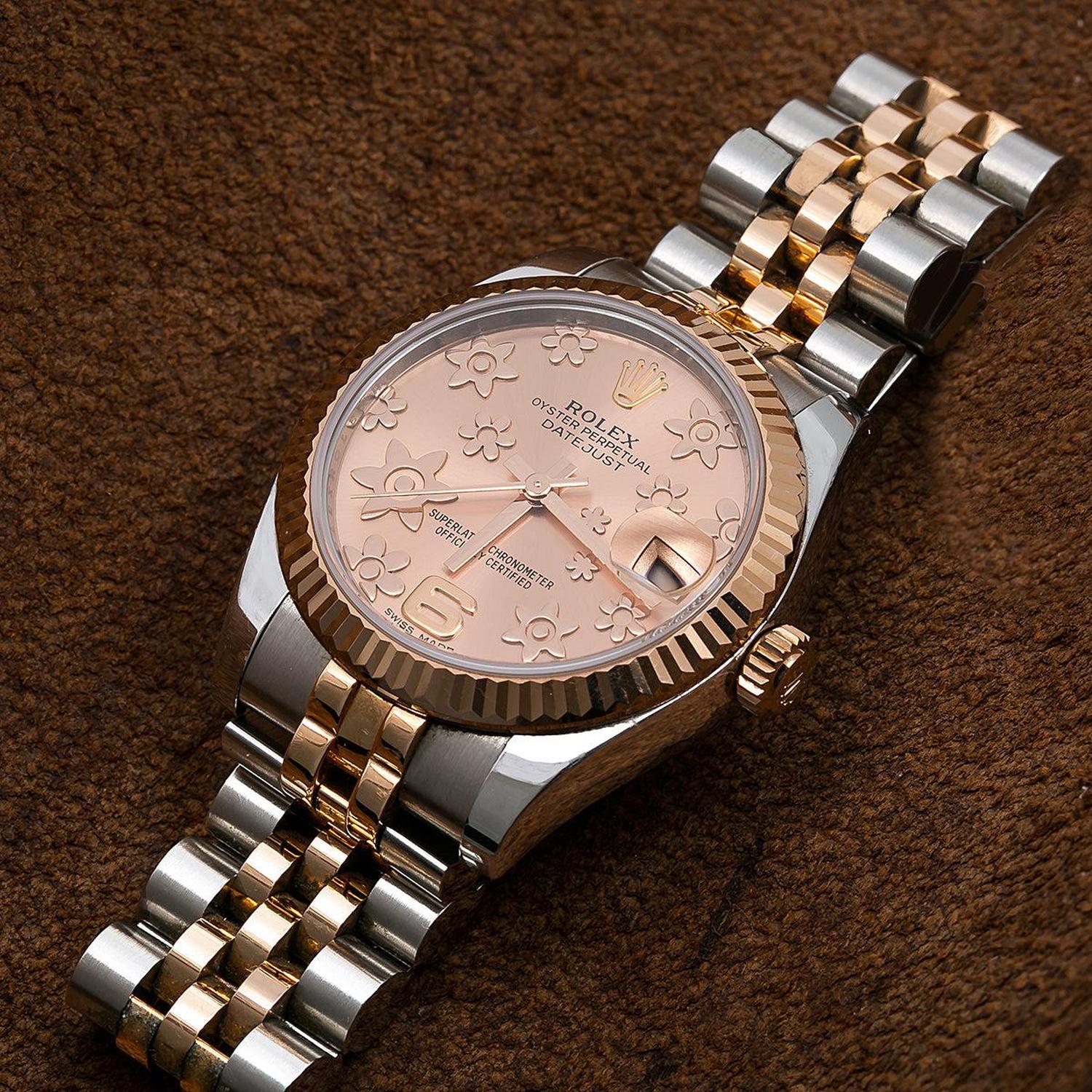 Rolex Datejust 31MM 178271 Everose Floral Dial Fluted Bezel Two Tone Rose Gold Jubilee Bracelet