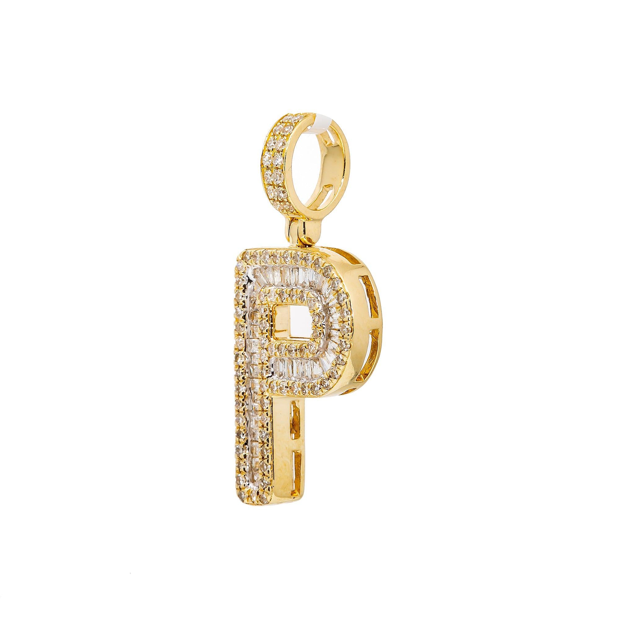 Unisex Diamond Initial P Pendant With 0.62CT Baguette And Round Diamonds